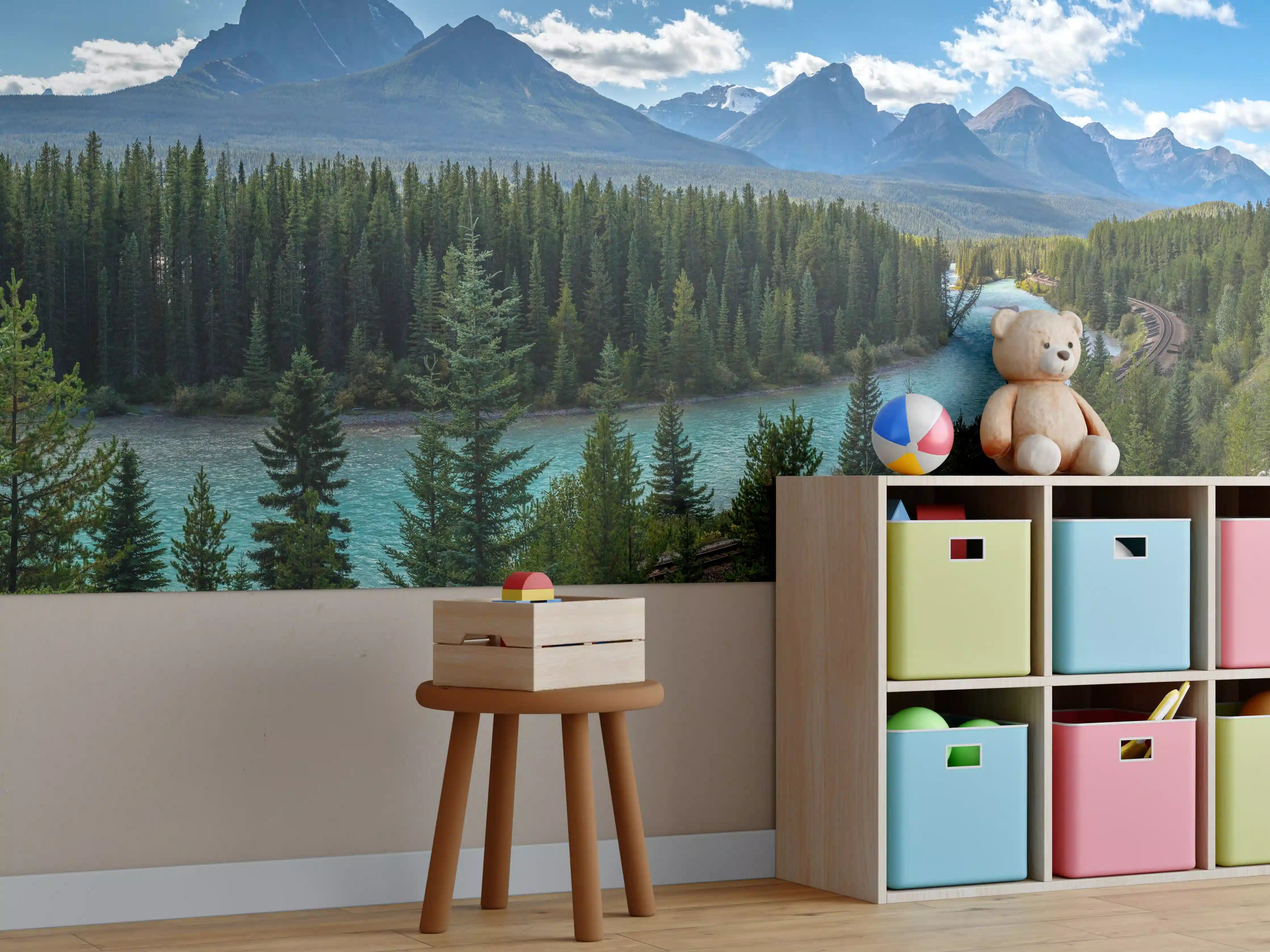 Kinderzimmer Wandgestaltung - Bergpanorama mit Fluss in Neuseeland