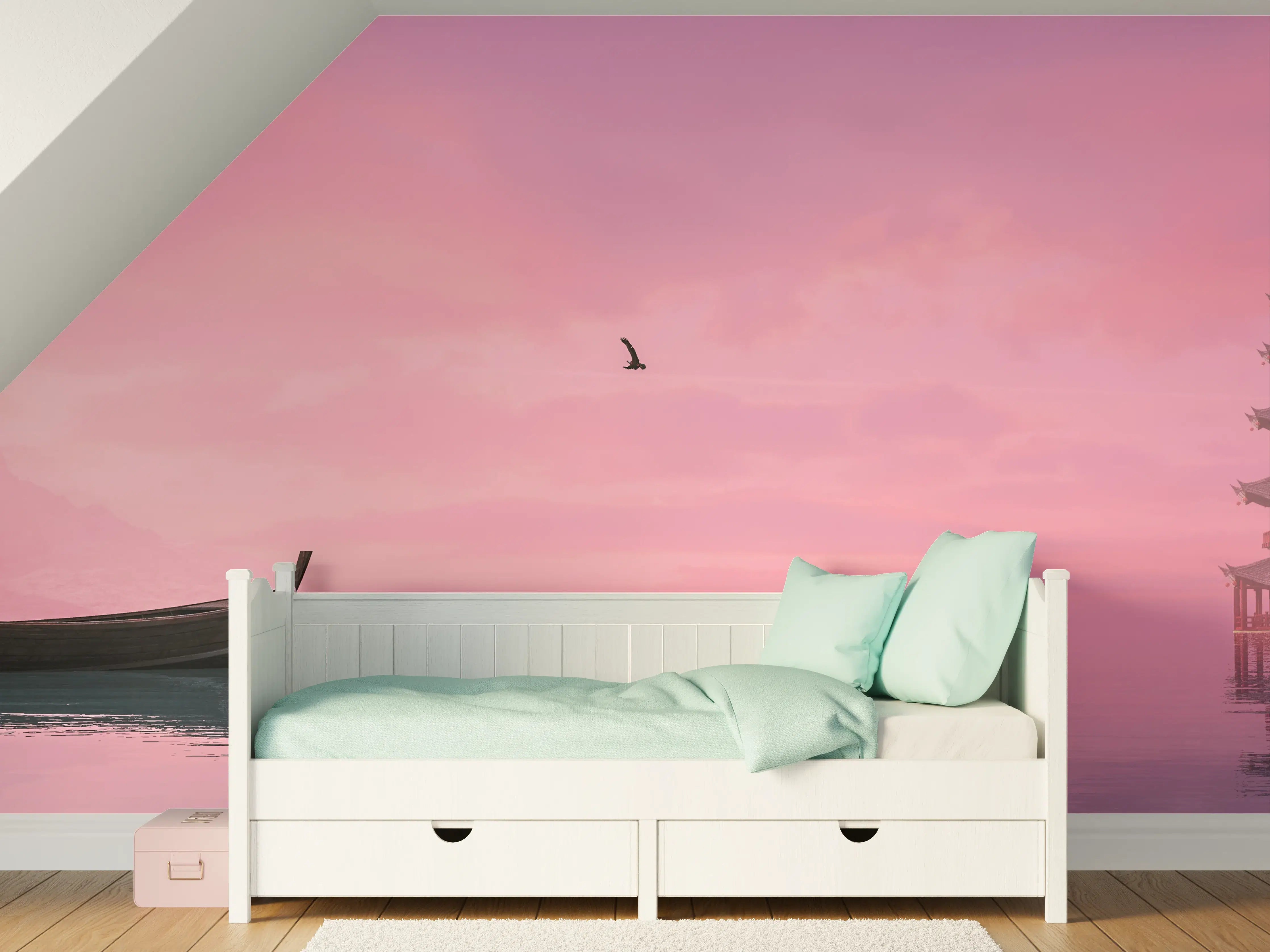 Kinderzimmer Wandgestaltung - Bergsee bei Sonnenuntergang mit Pagode