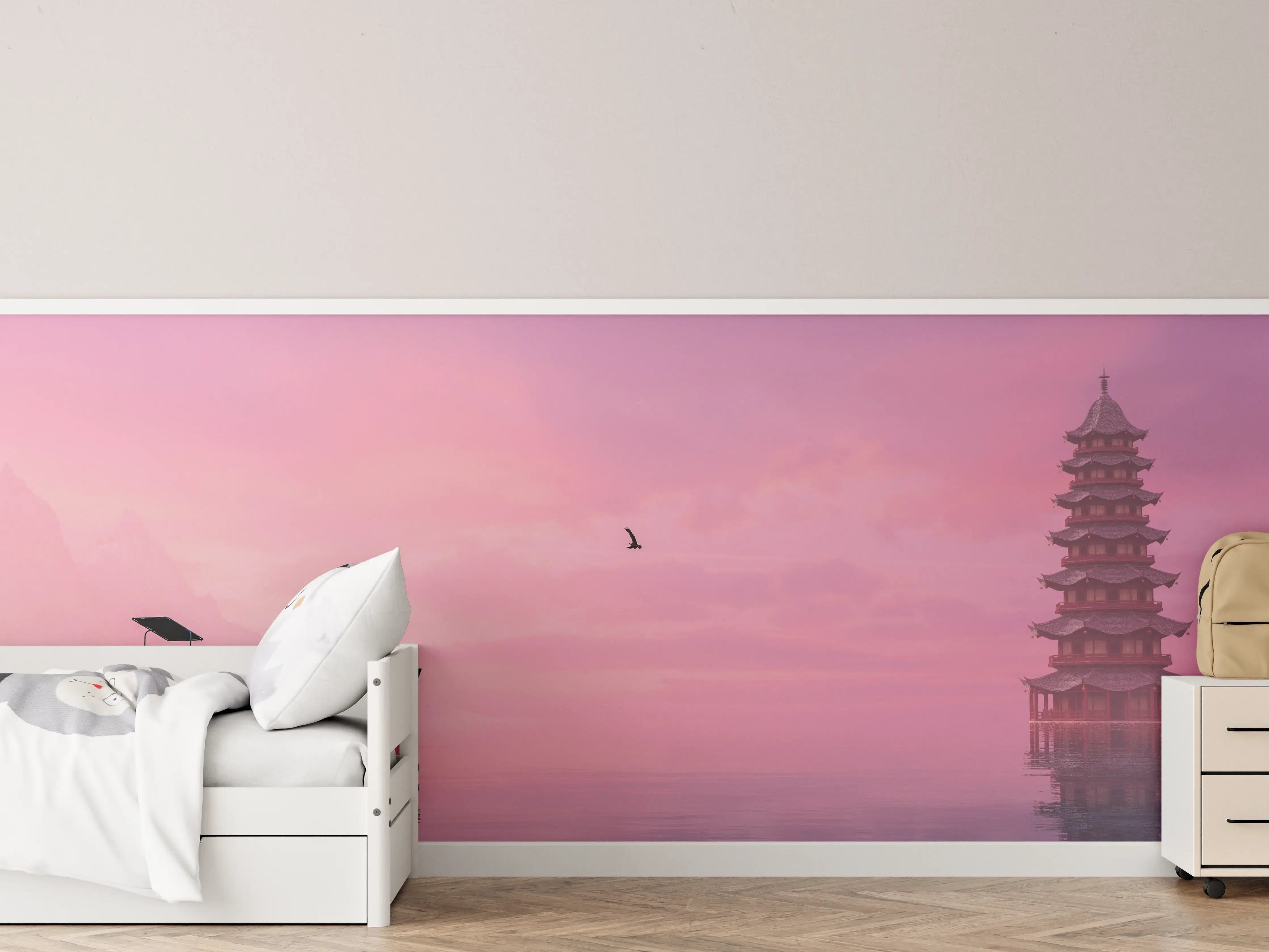 Kinderzimmer Wandgestaltung - Bergsee bei Sonnenuntergang mit Pagode