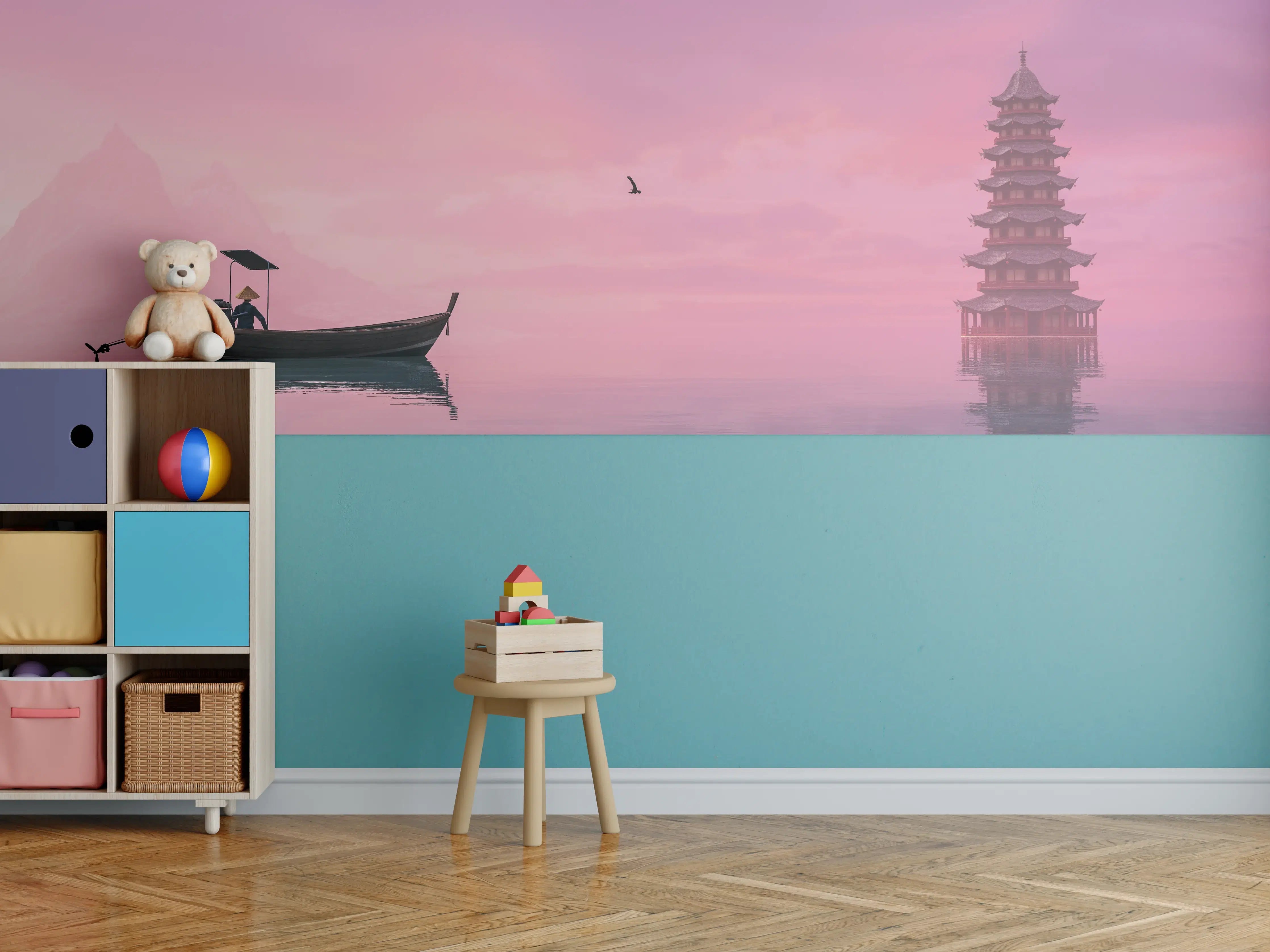 Kinderzimmer Wandgestaltung - Bergsee bei Sonnenuntergang mit Pagode
