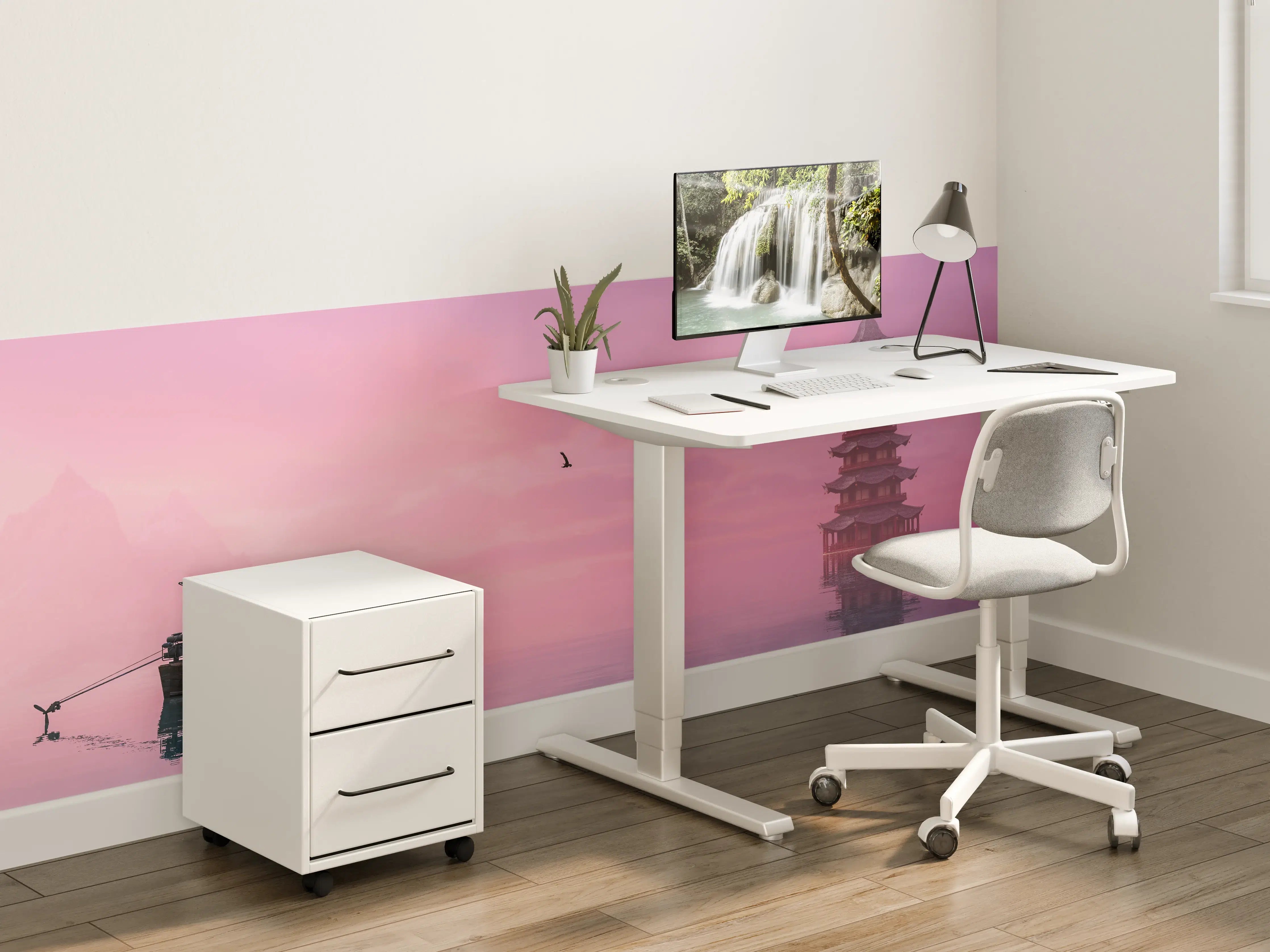 Kinderzimmer Wandgestaltung - Bergsee bei Sonnenuntergang mit Pagode