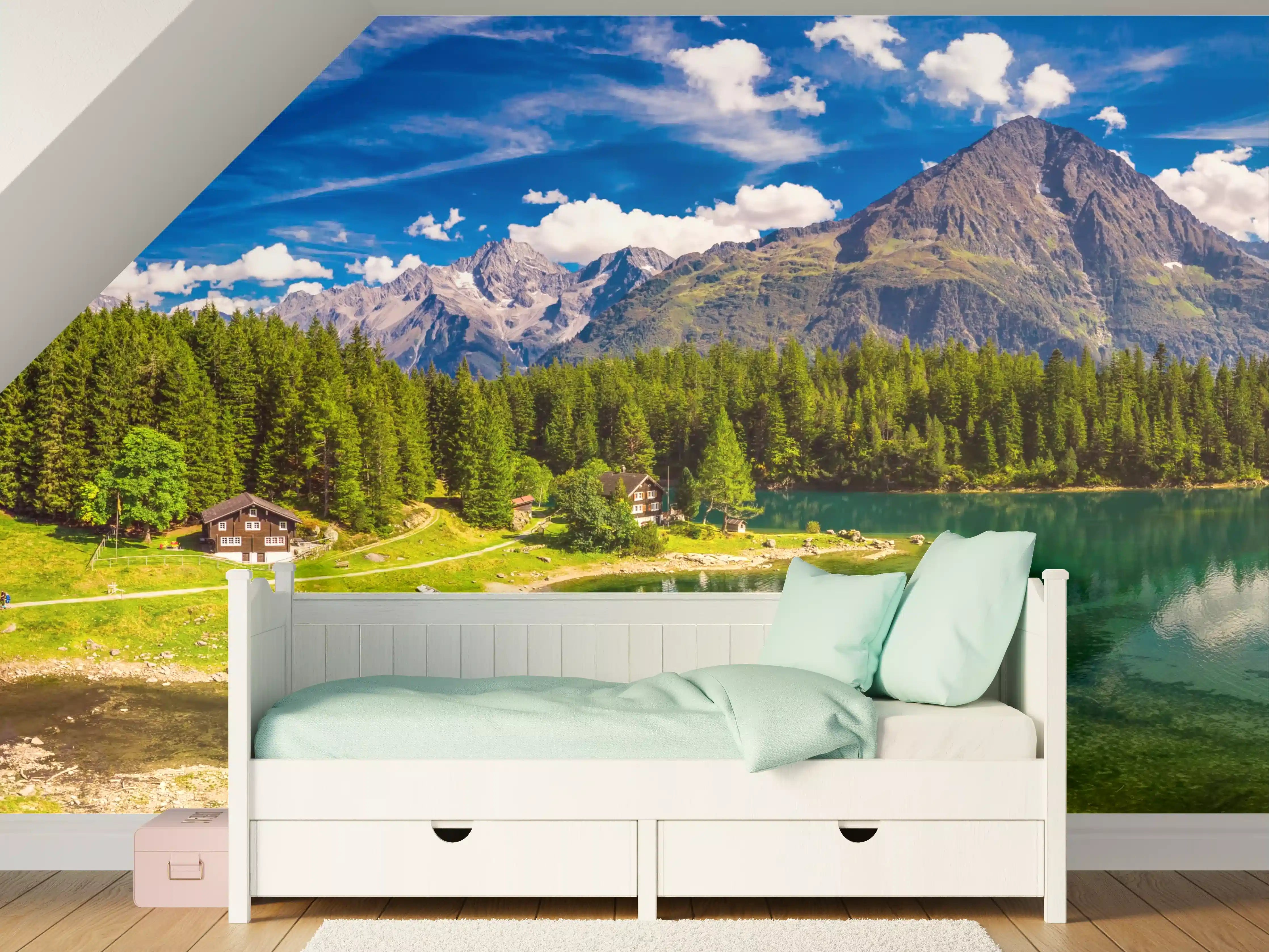 Kinderzimmer Wandgestaltung - Bergsee im Panoramablick
