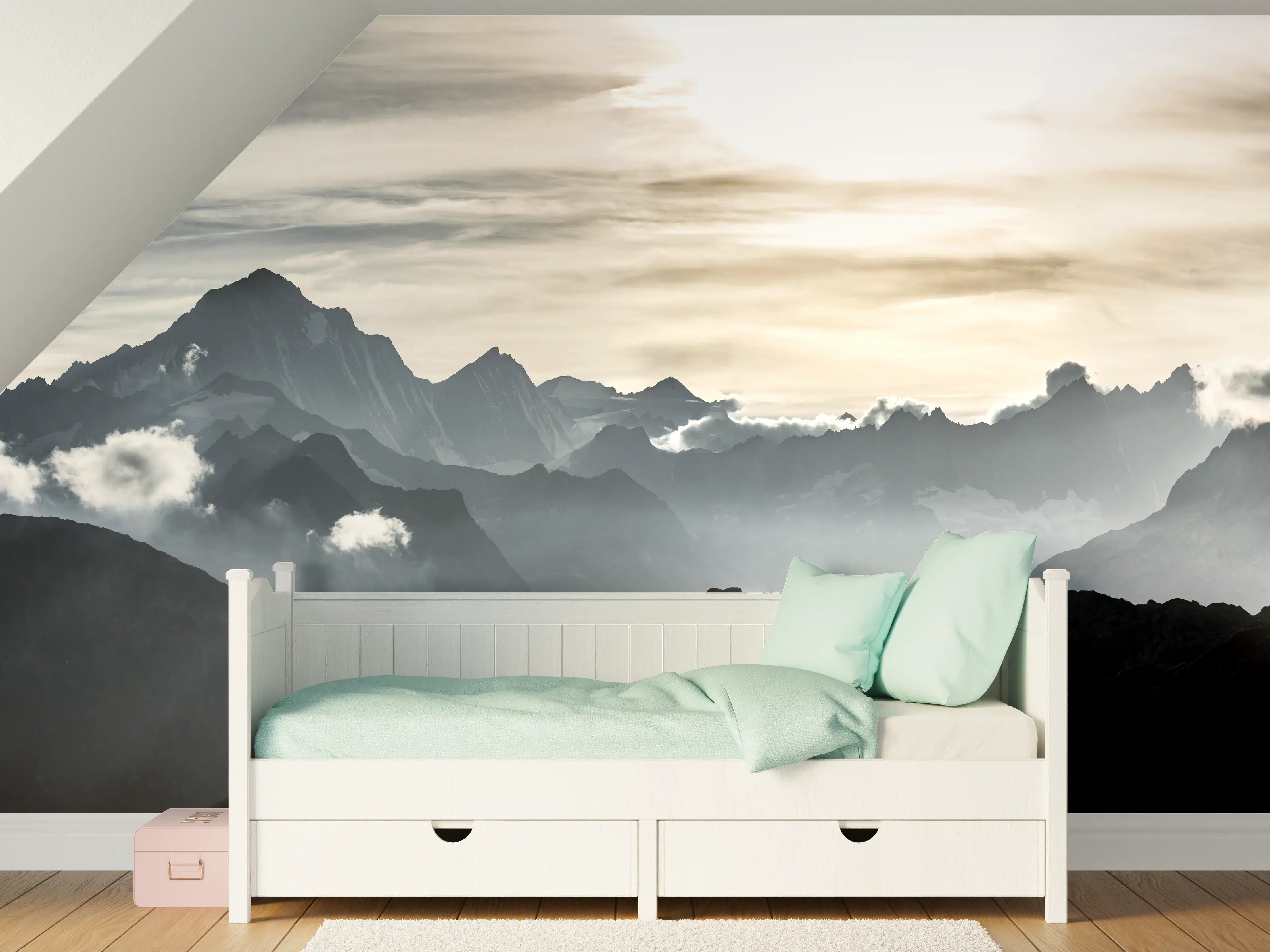 Kinderzimmer Wandgestaltung - Bergsilhouette bei Sonnenuntergang