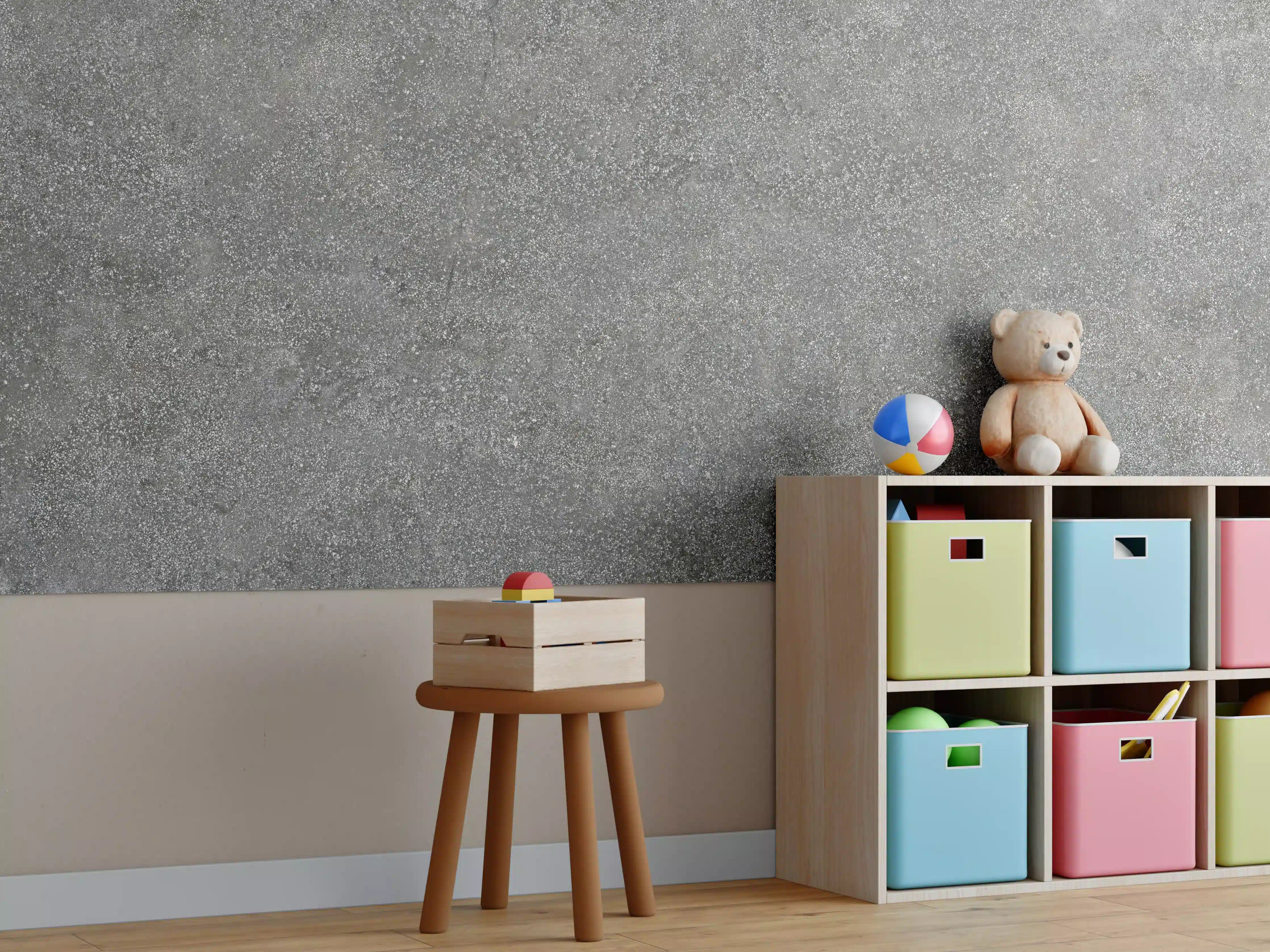 Kinderzimmer Wandgestaltung - Betonwand mit grauer Struktur und natürlicher Optik