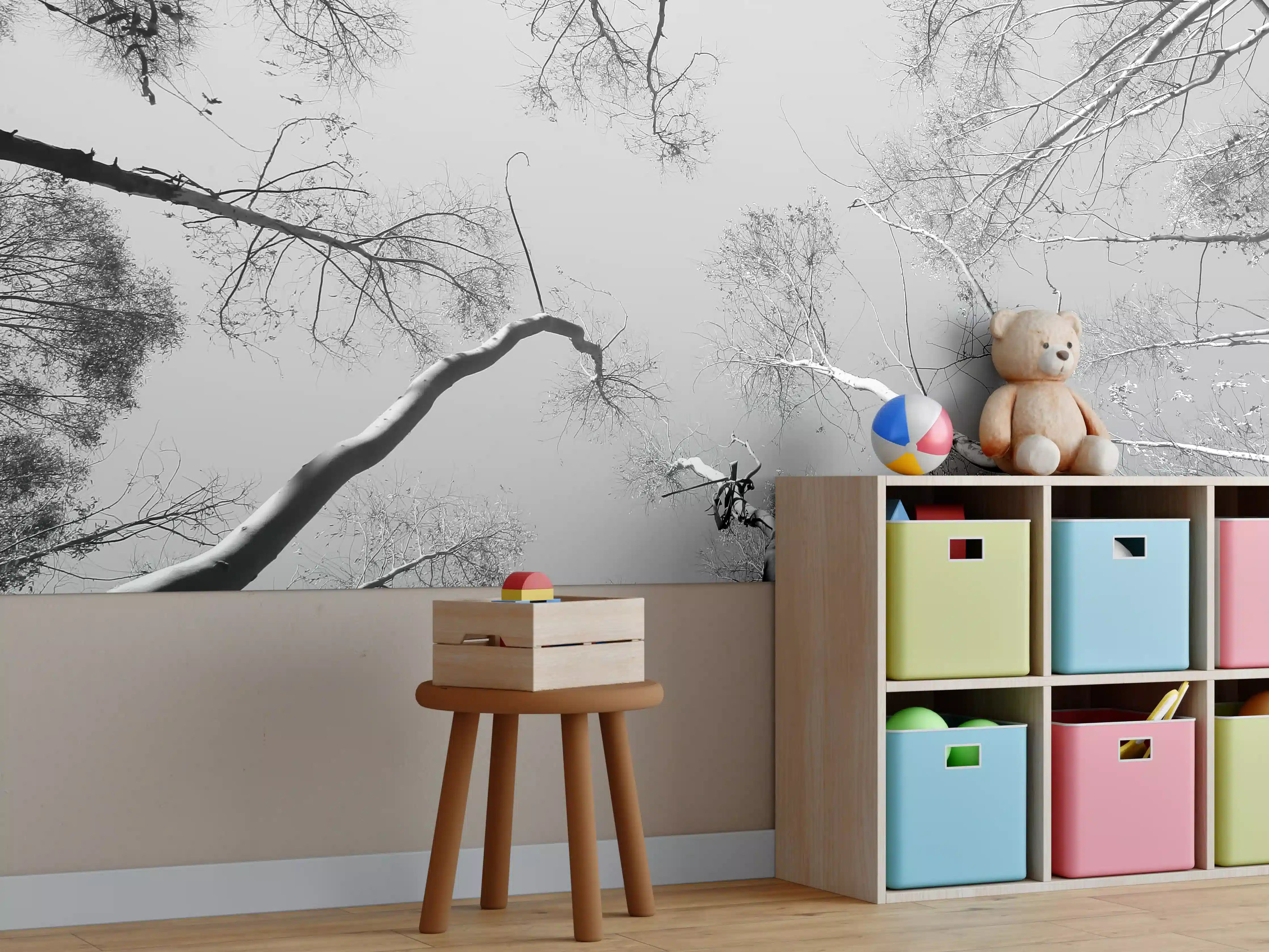 Kinderzimmer Wandgestaltung - Birkenwald im Winter von unten
