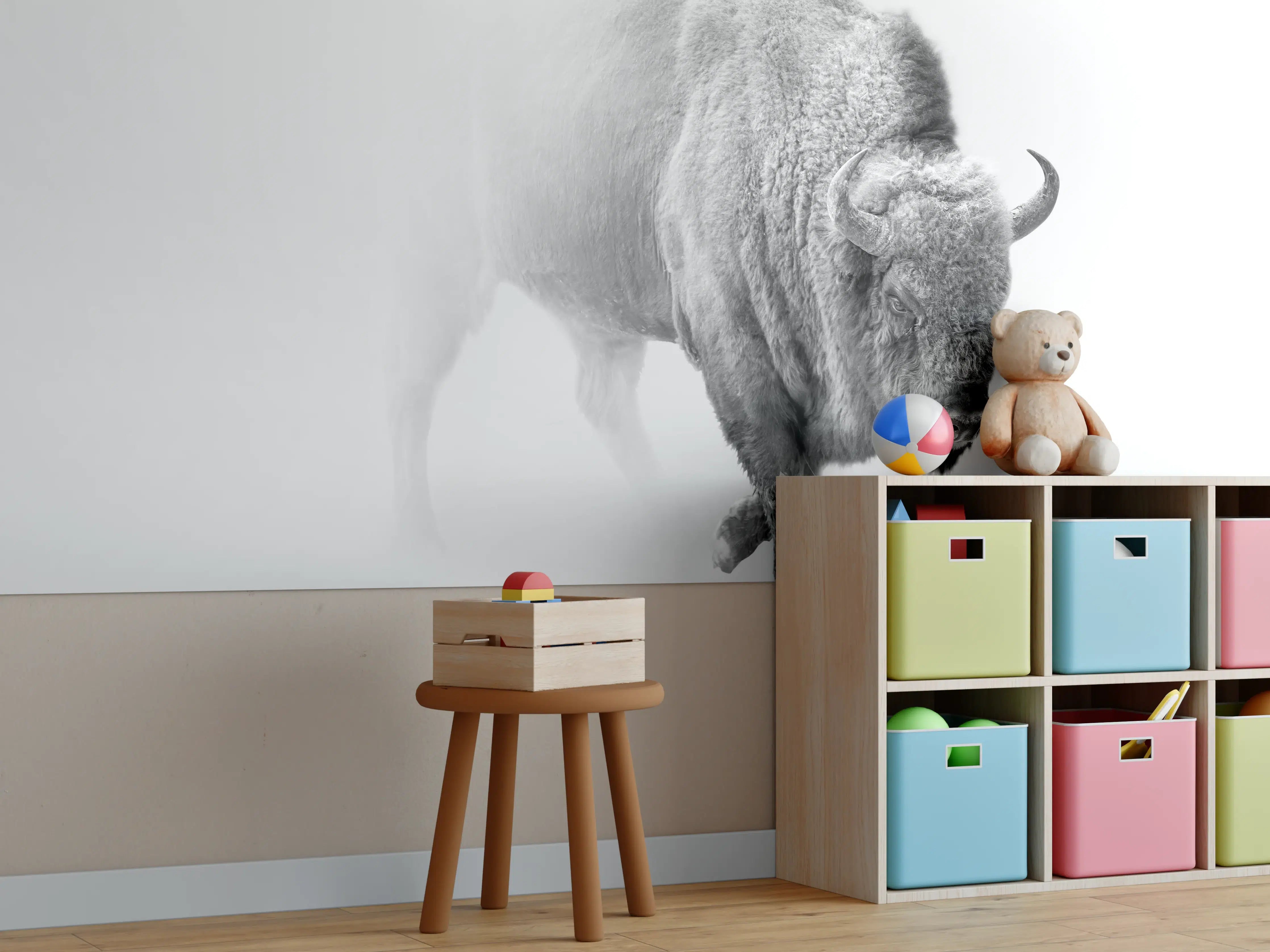 Kinderzimmer Wandgestaltung - Bison Graustufenbild
