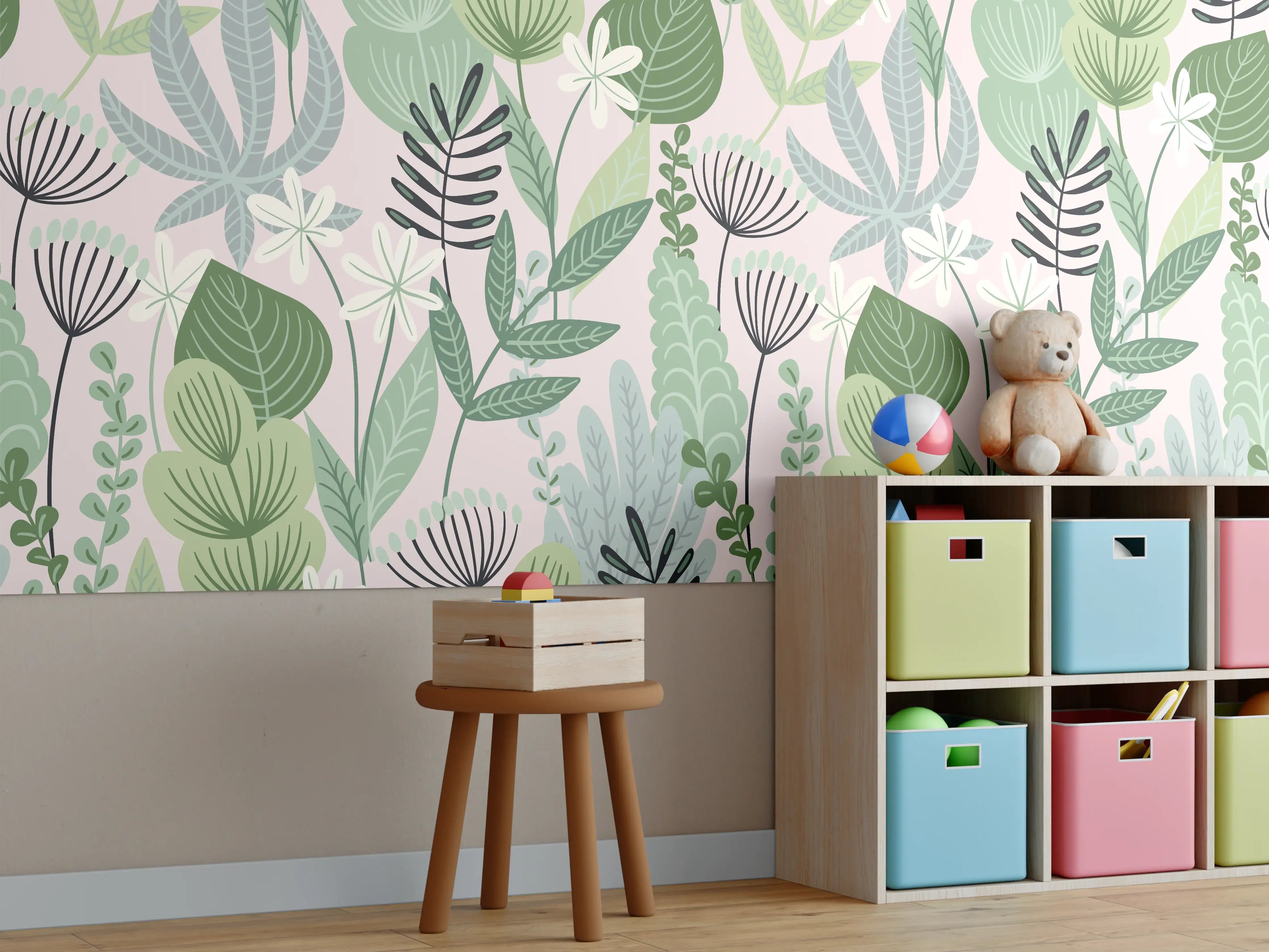 Kinderzimmer Wandgestaltung - Blätter- und Pflanzenmuster in Pastellfarben