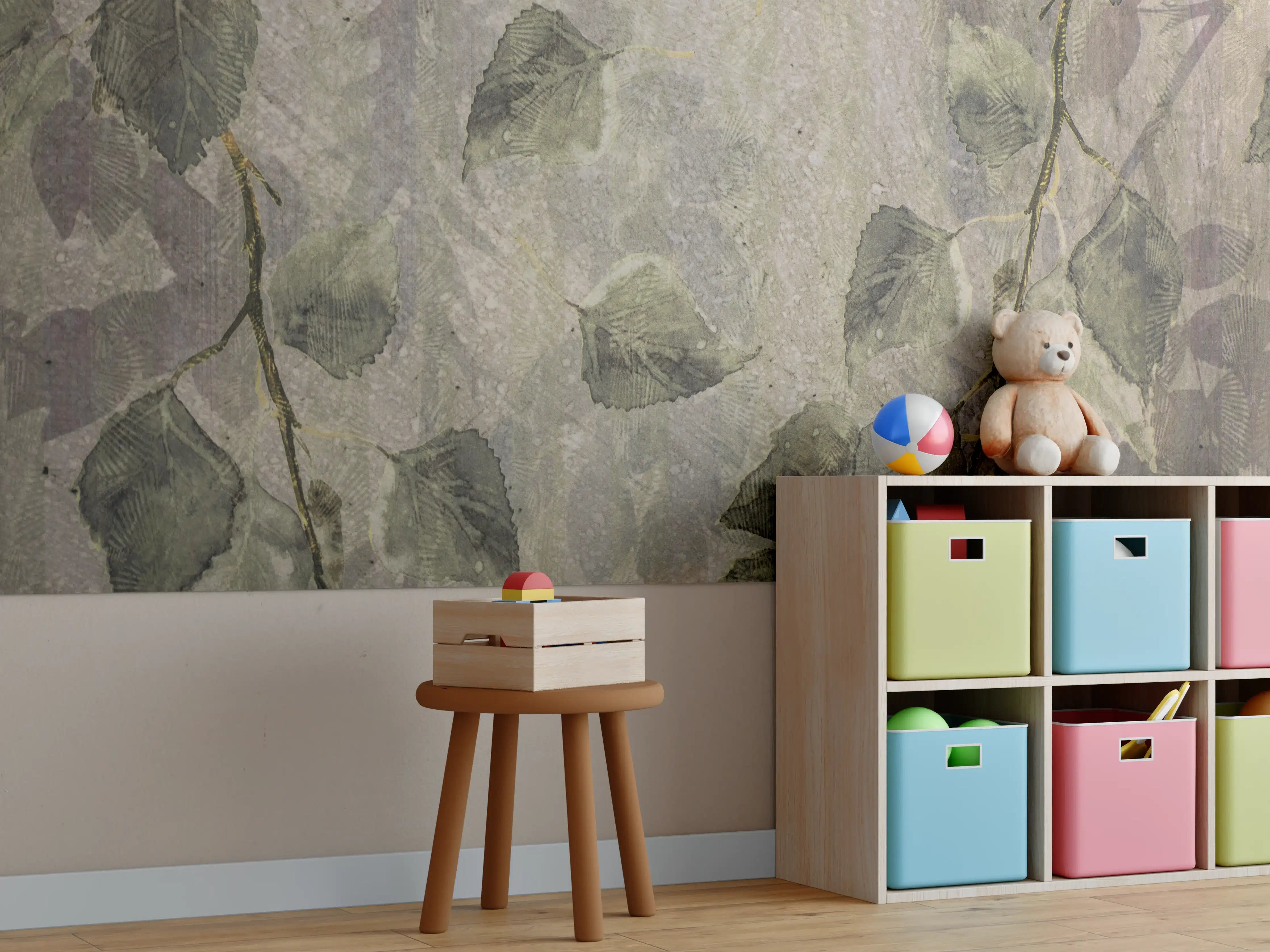 Kinderzimmer Wandgestaltung - Blätter-Dekor Fliesen Grau