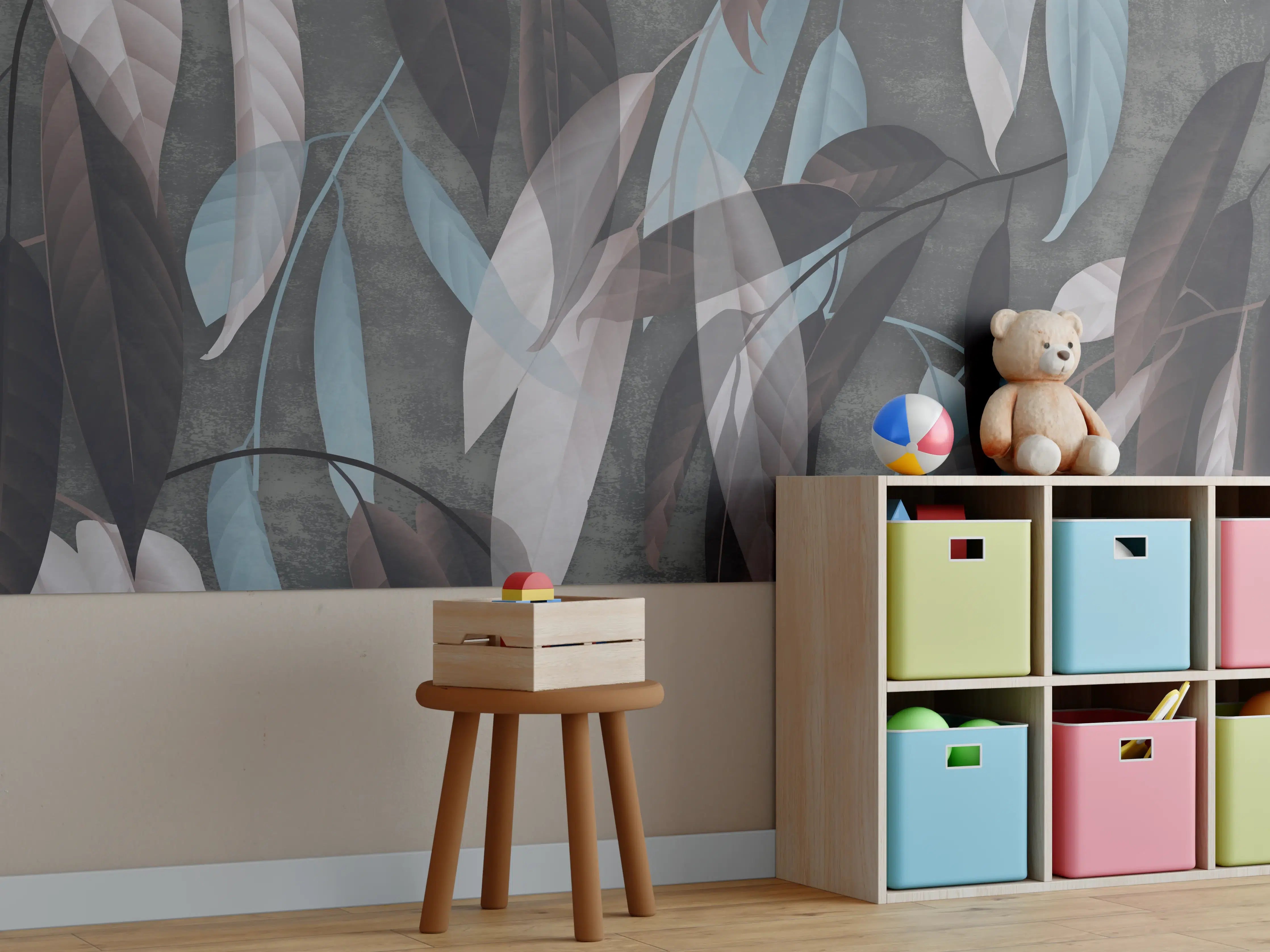 Kinderzimmer Wandgestaltung - Blätter in sanften Blau- und Brauntönen