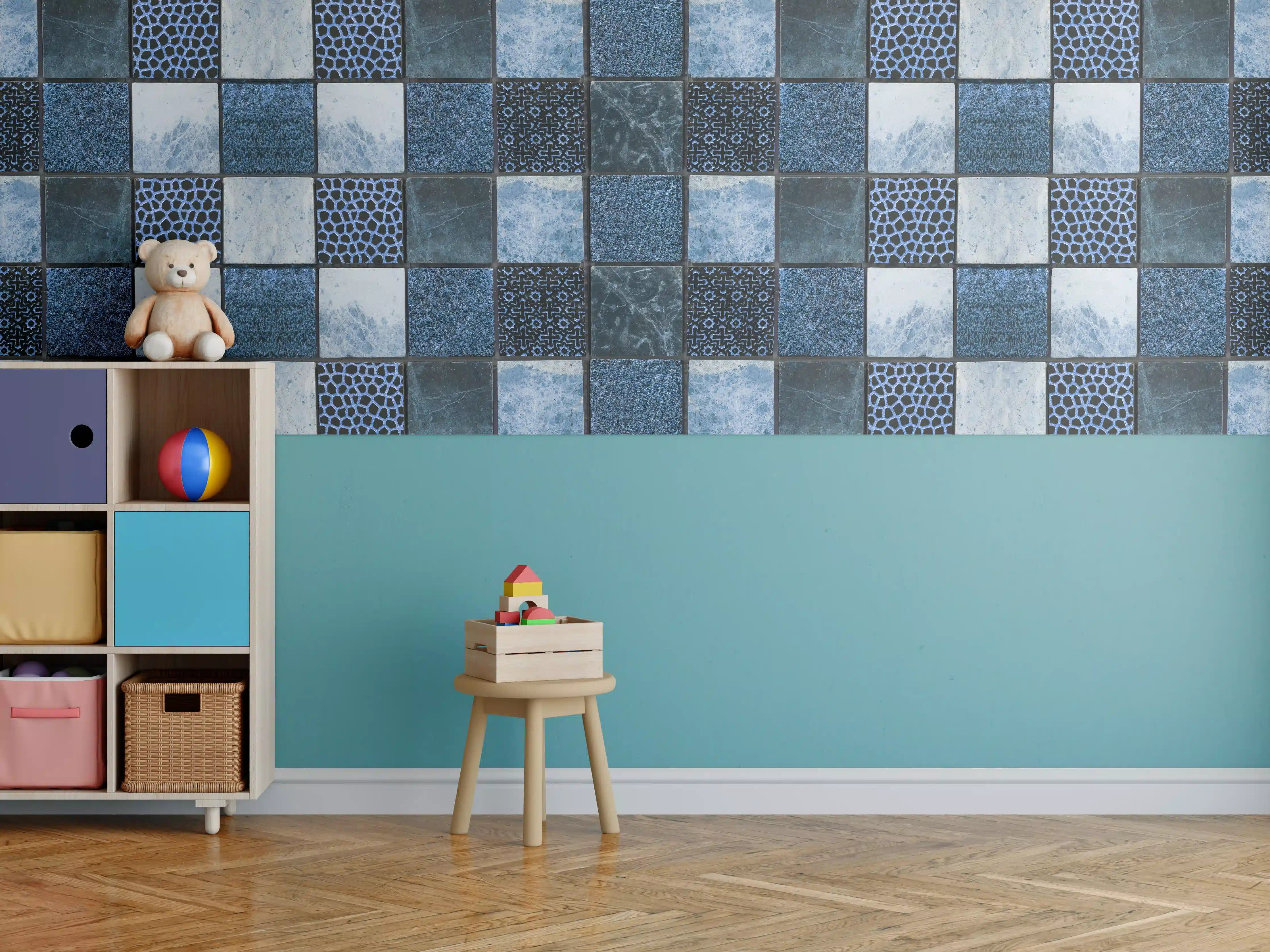 Kinderzimmer Wandgestaltung - Bläuliche quadratische Mosaiktextur