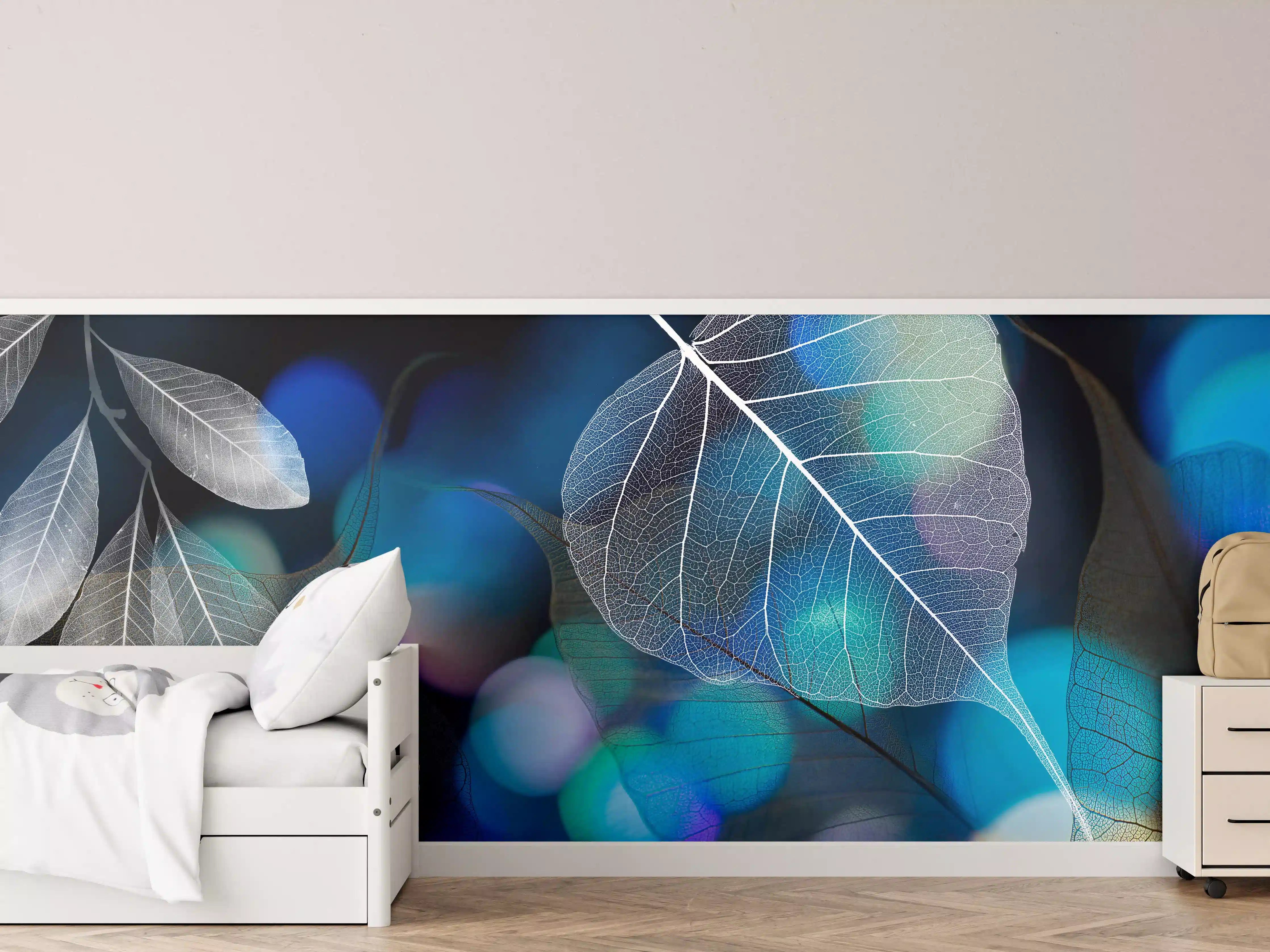 Kinderzimmer Wandgestaltung - Blattstruktur mit Lichtbokeh Effekt