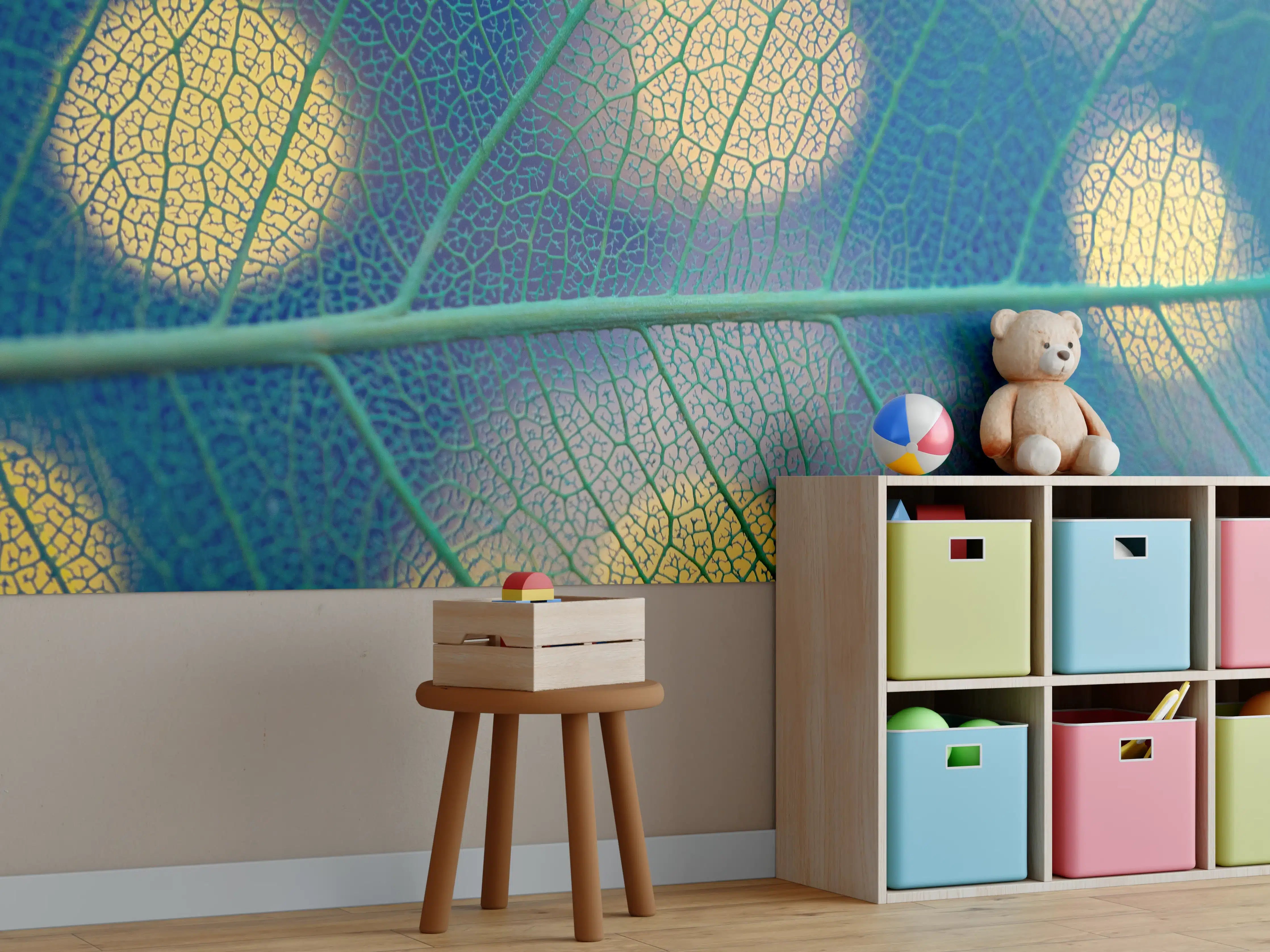 Kinderzimmer Wandgestaltung - Blattstruktur mit leuchtenden Punkten