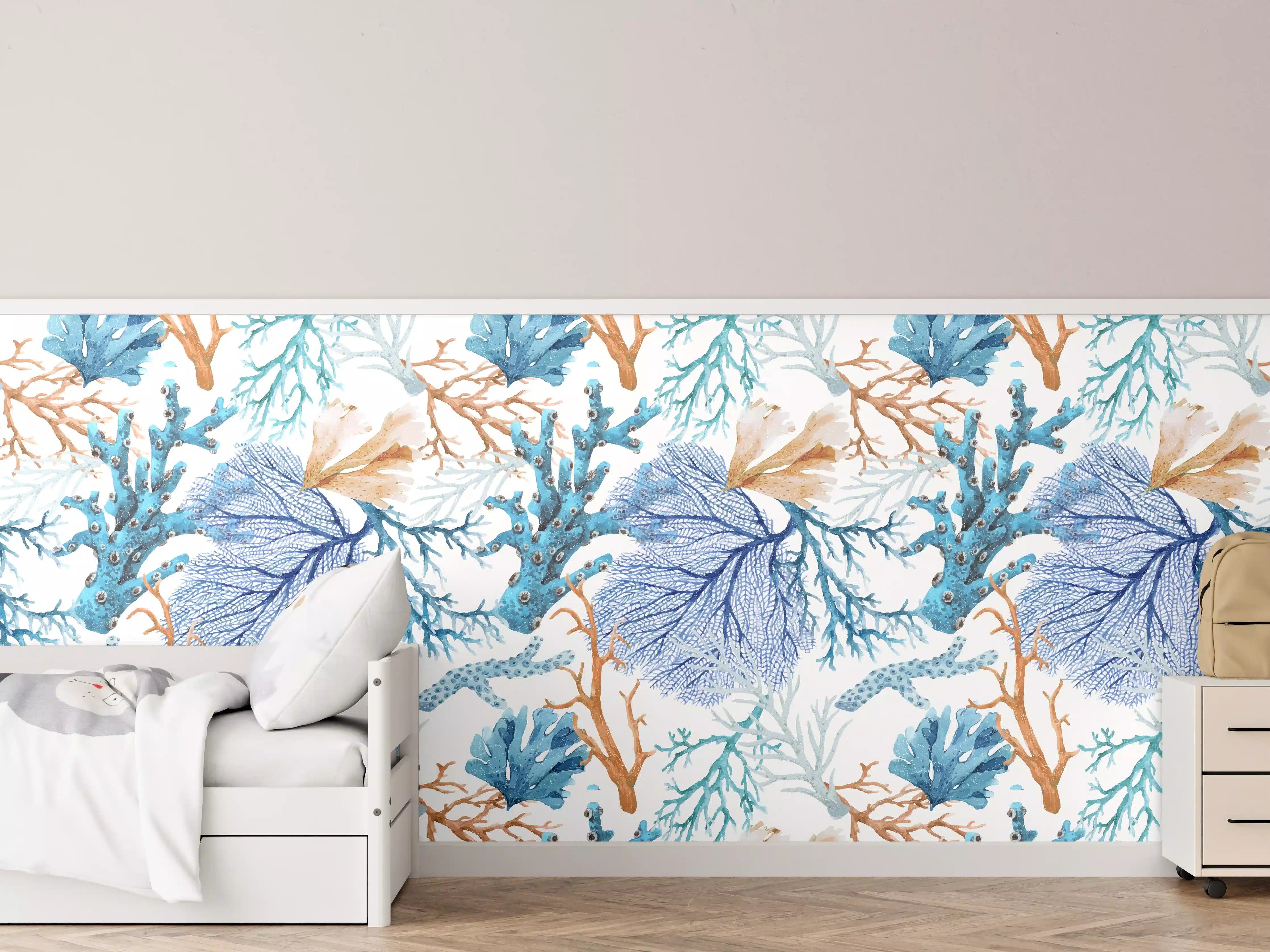 Kinderzimmer Wandgestaltung - Blau-Beige Korallenmuster