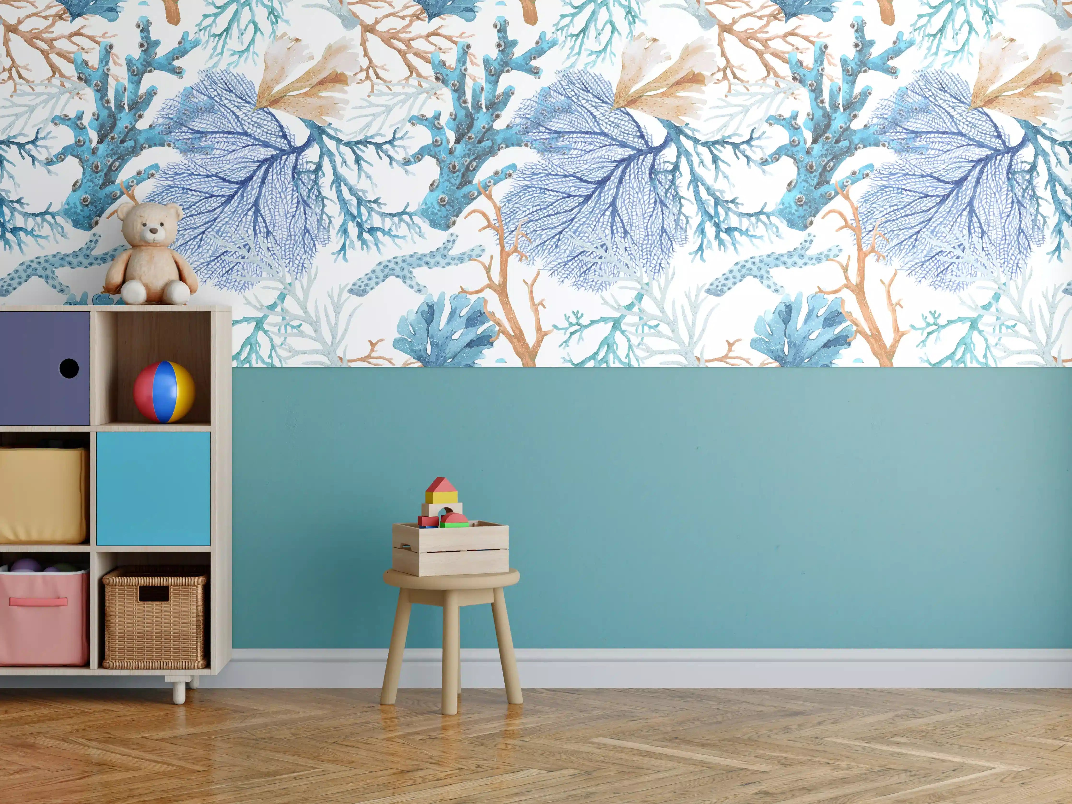 Kinderzimmer Wandgestaltung - Blau-Beige Korallenmuster