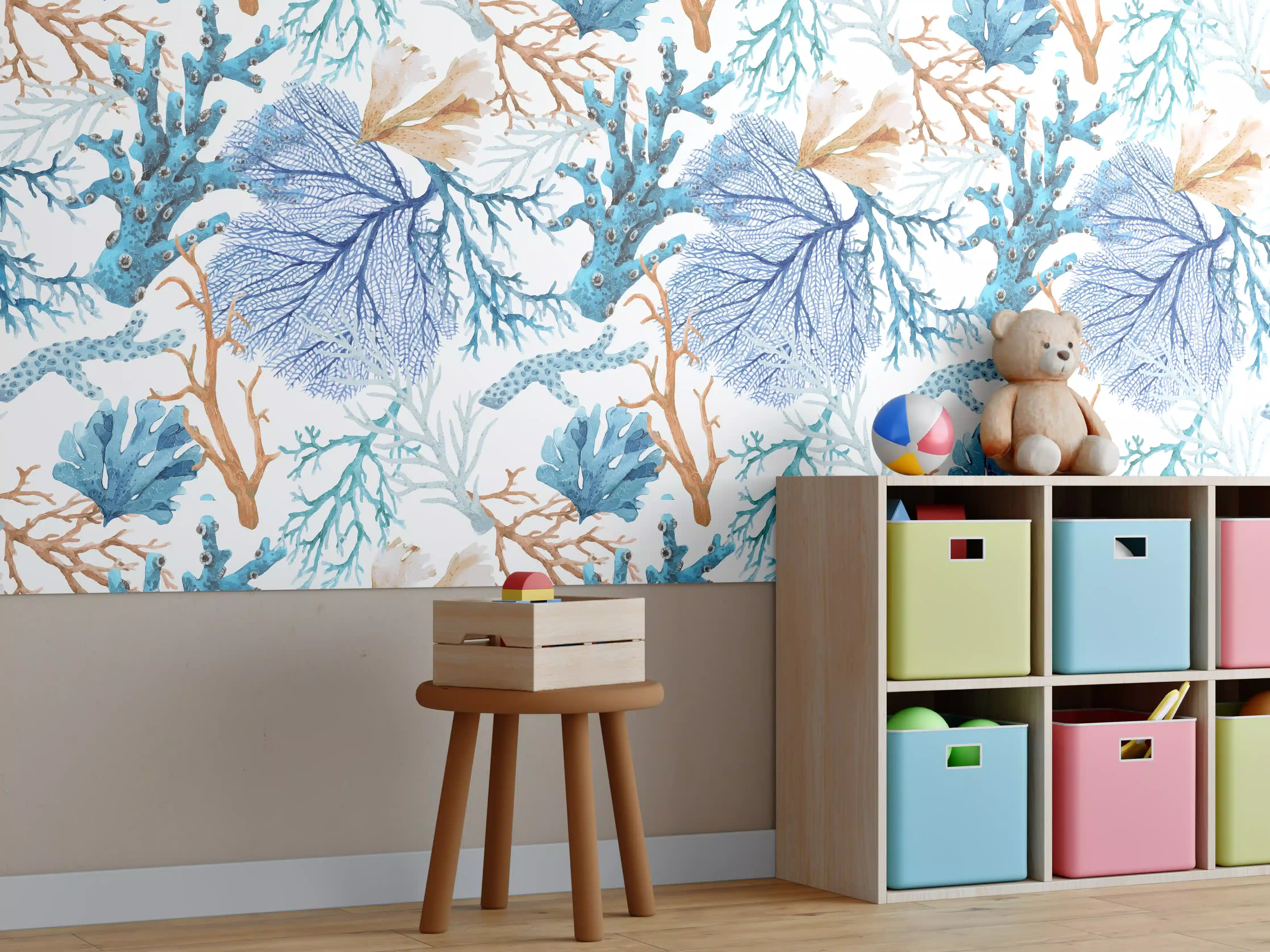Kinderzimmer Wandgestaltung - Blau-Beige Korallenmuster
