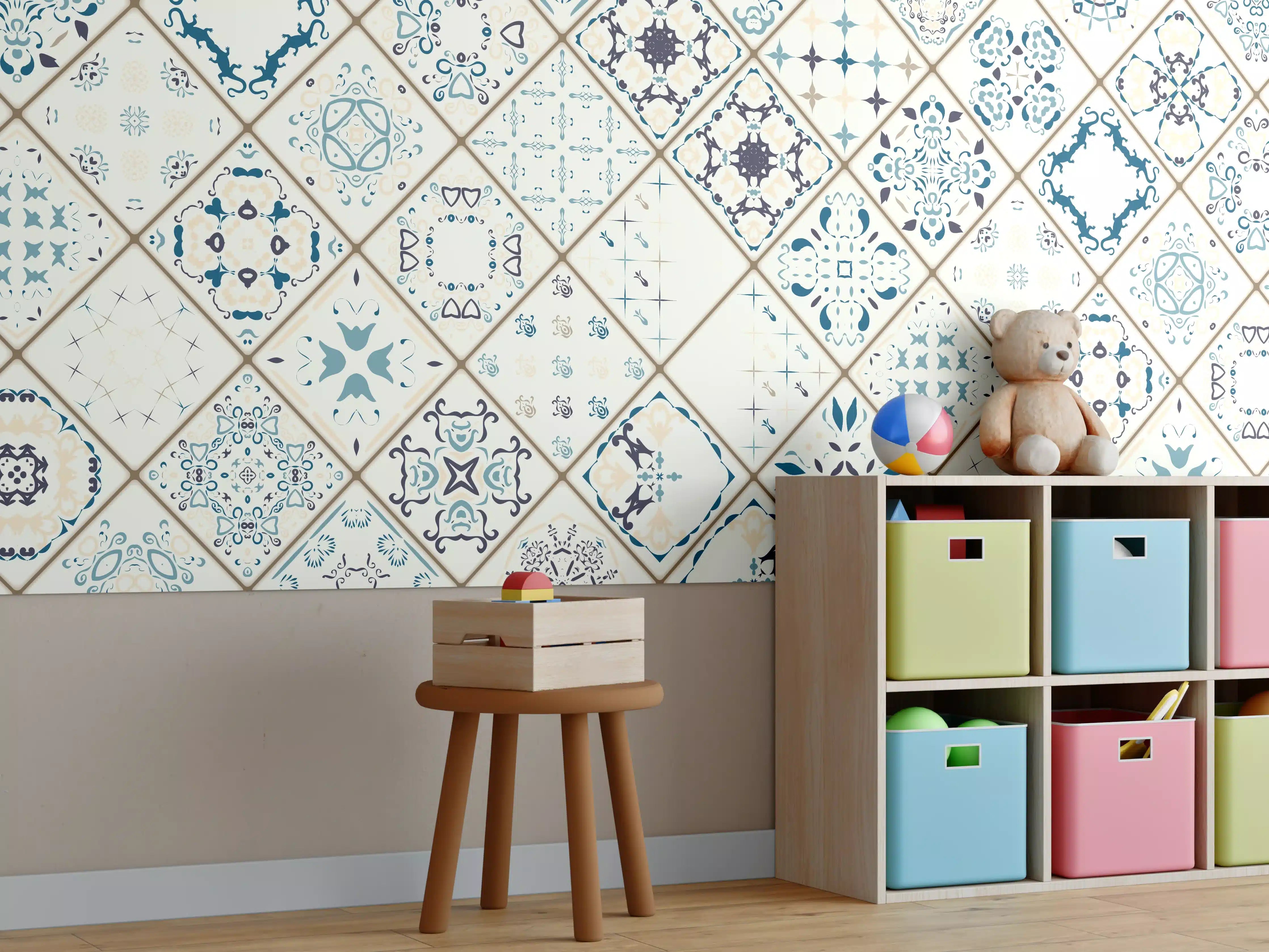 Kinderzimmer Wandgestaltung - Blau-Beige Retro Fliesendesign