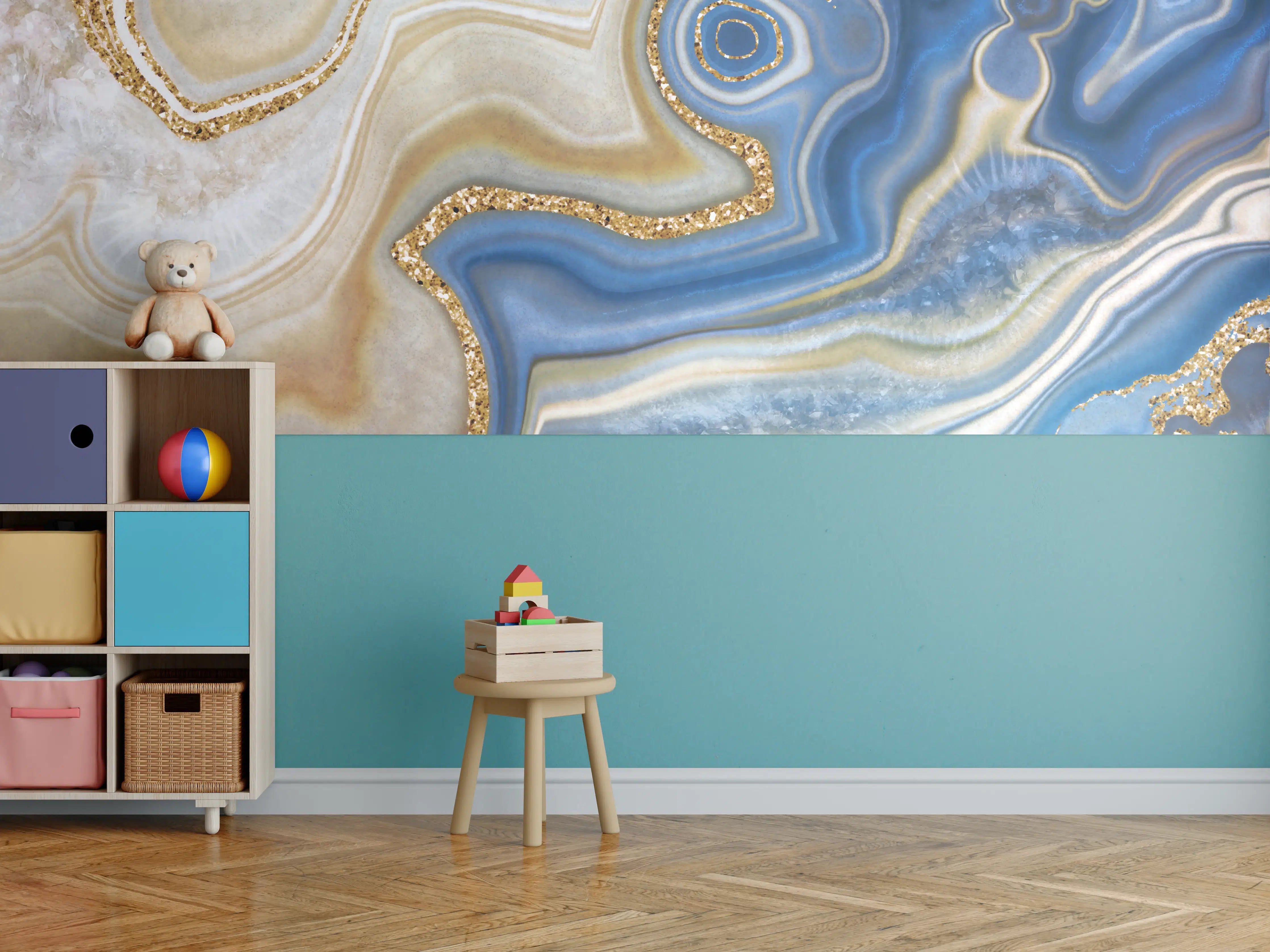 Kinderzimmer Wandgestaltung - Blau-Goldene Marmorstruktur mit feinen Details