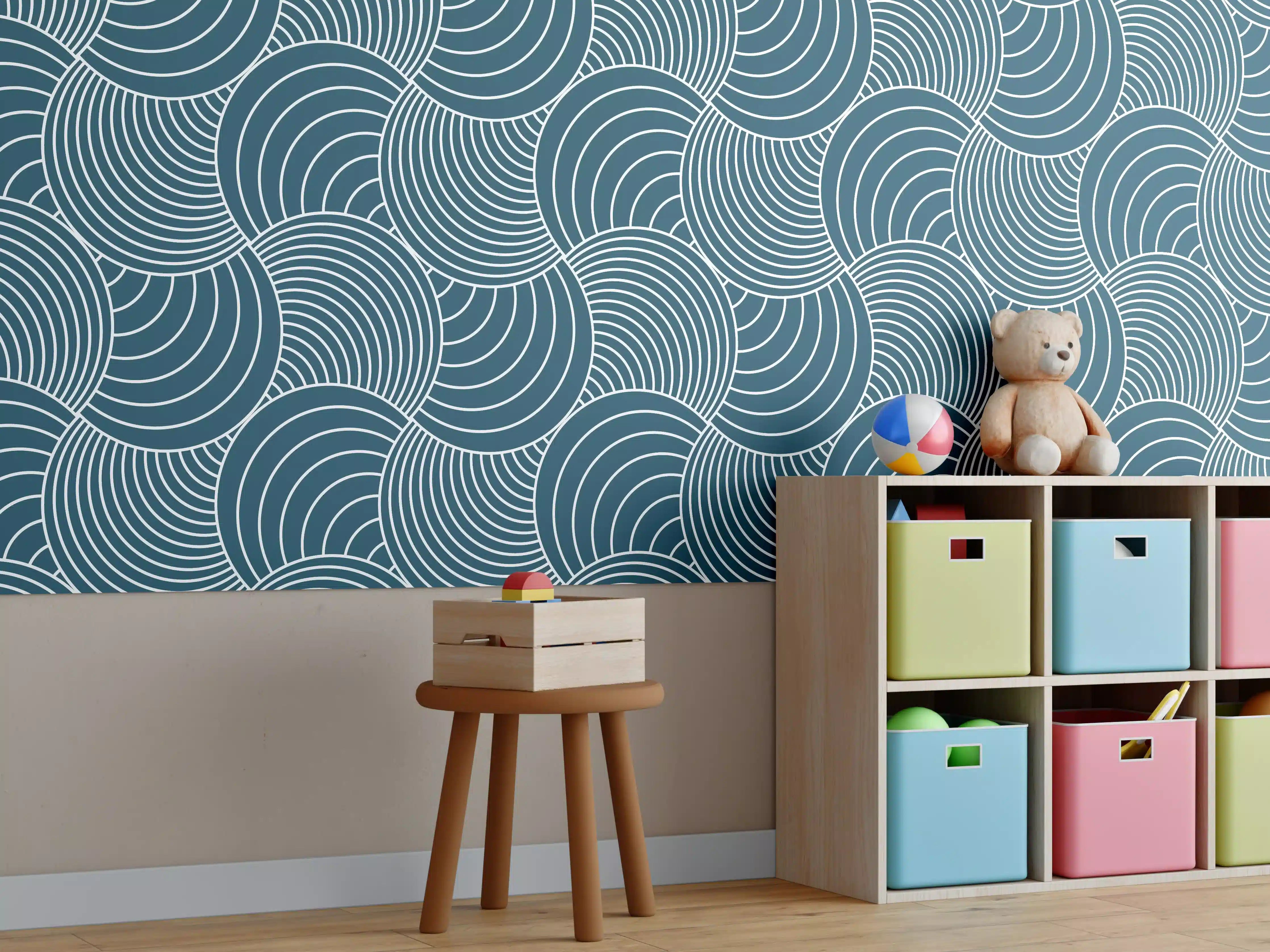 Kinderzimmer Wandgestaltung - Blau Petrolio Wellenmuster