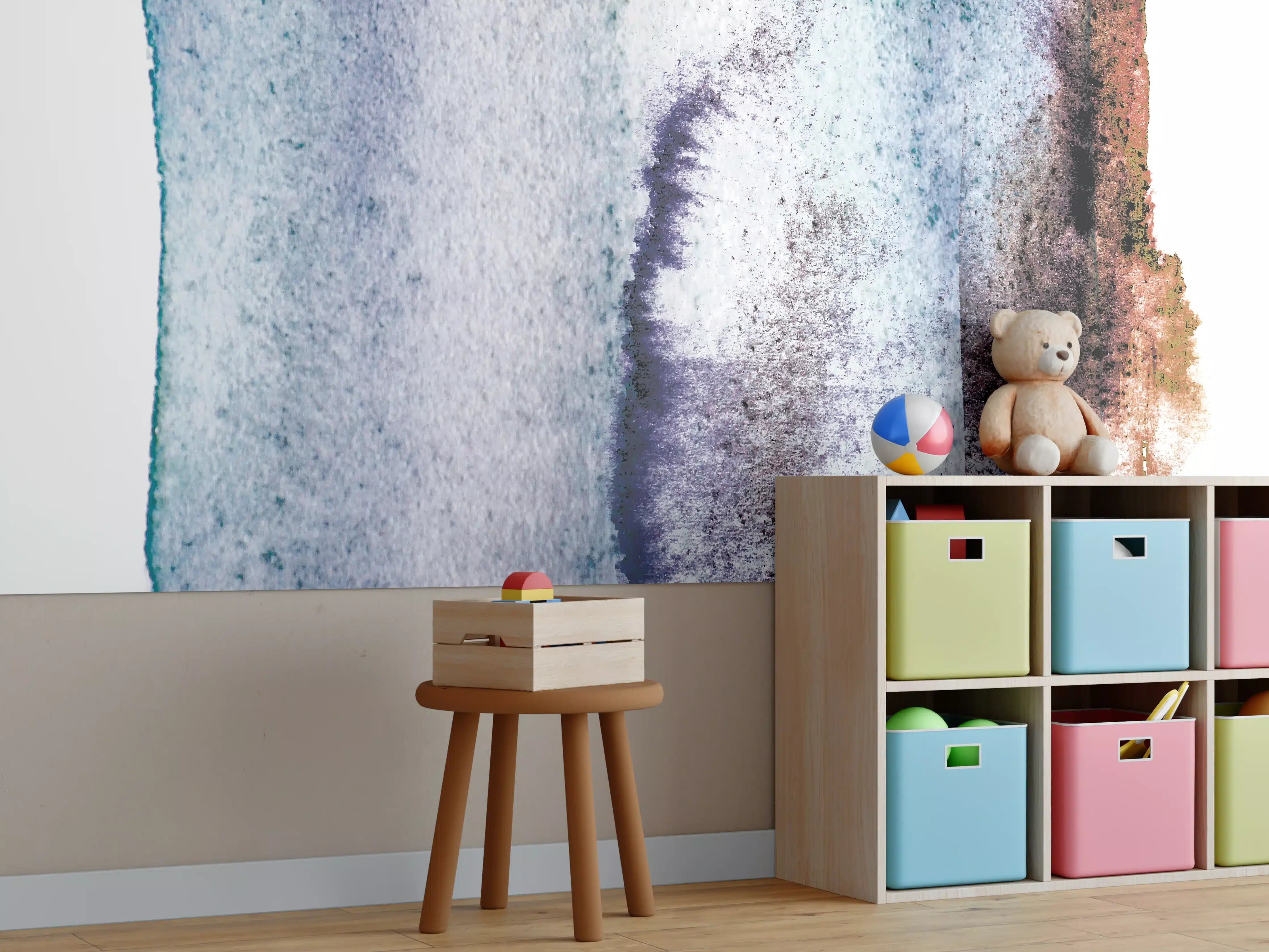 Kinderzimmer Wandgestaltung - Blau-Weiß Aquarell Kunst