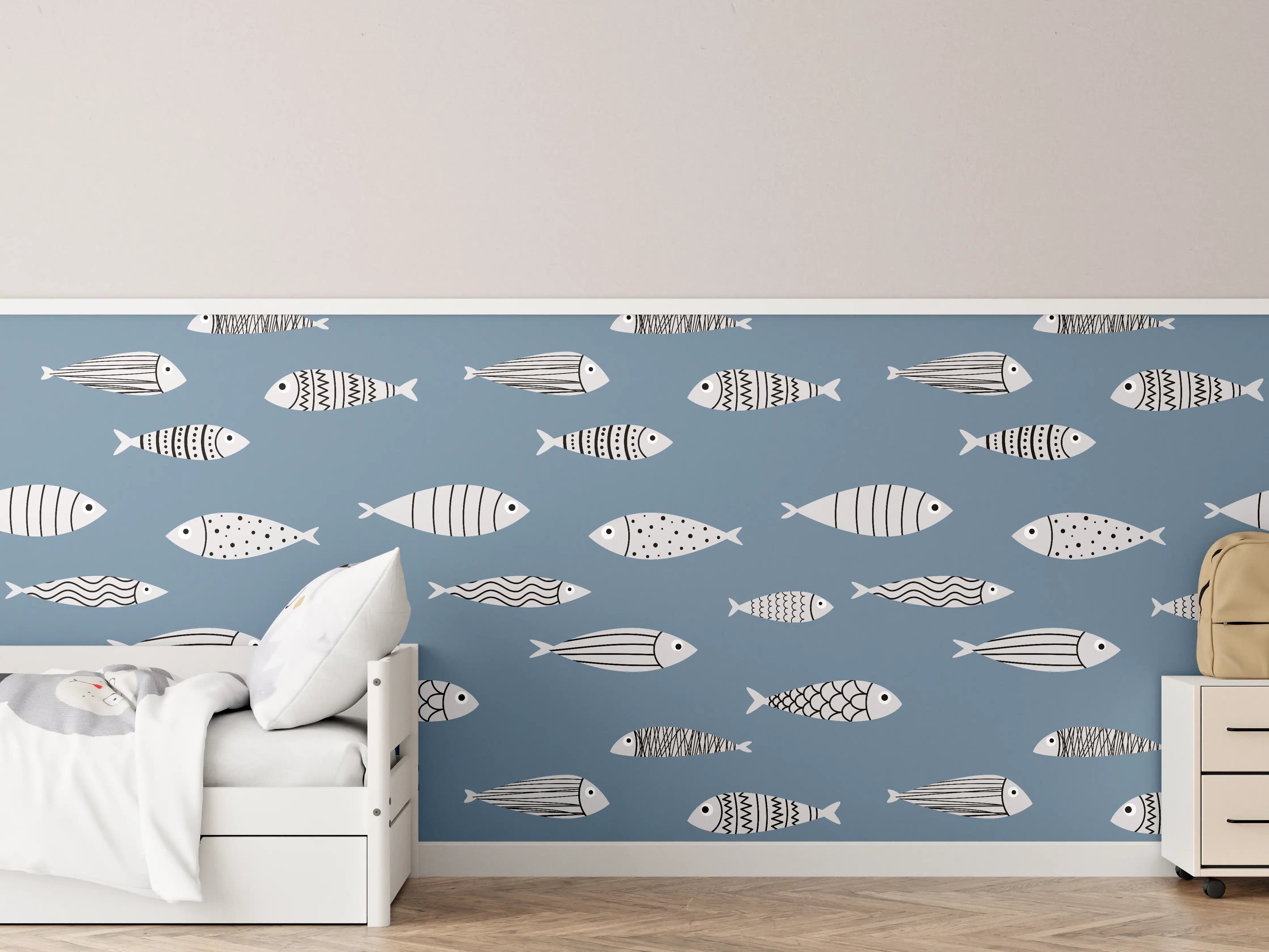 Kinderzimmer Wandgestaltung - Blau-Weiß Fischmuster