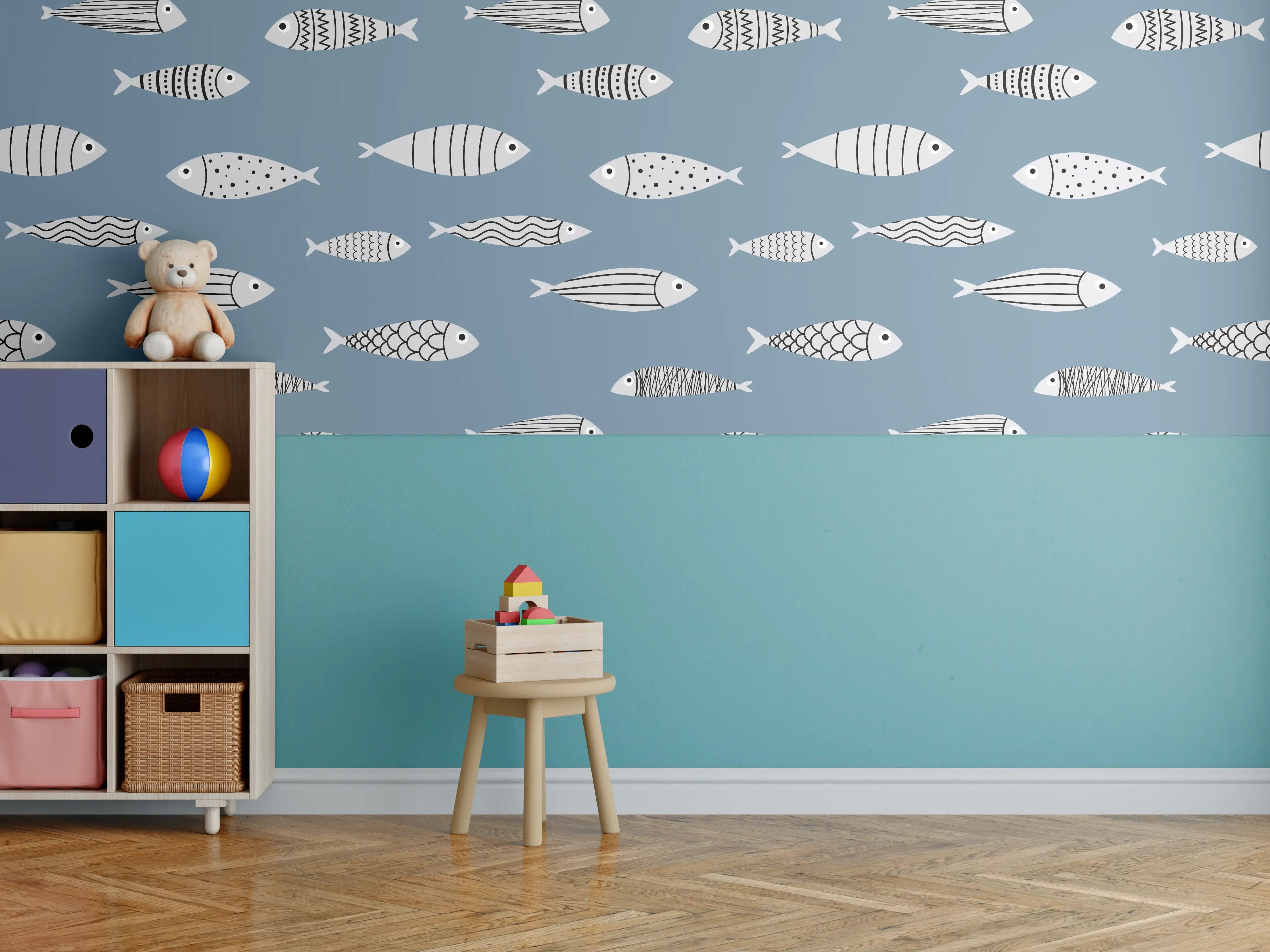 Kinderzimmer Wandgestaltung - Blau-Weiß Fischmuster