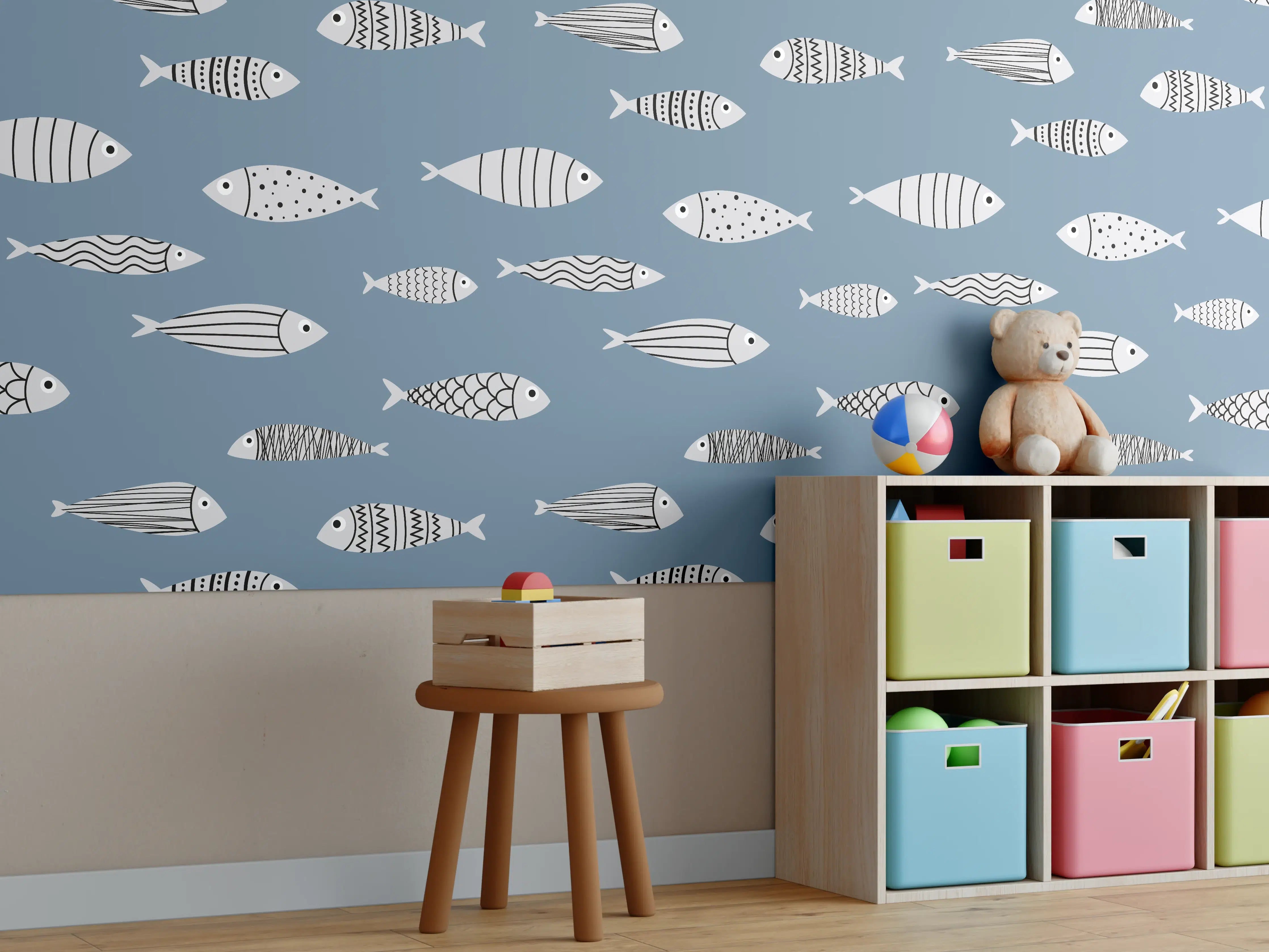 Kinderzimmer Wandgestaltung - Blau-Weiß Fischmuster
