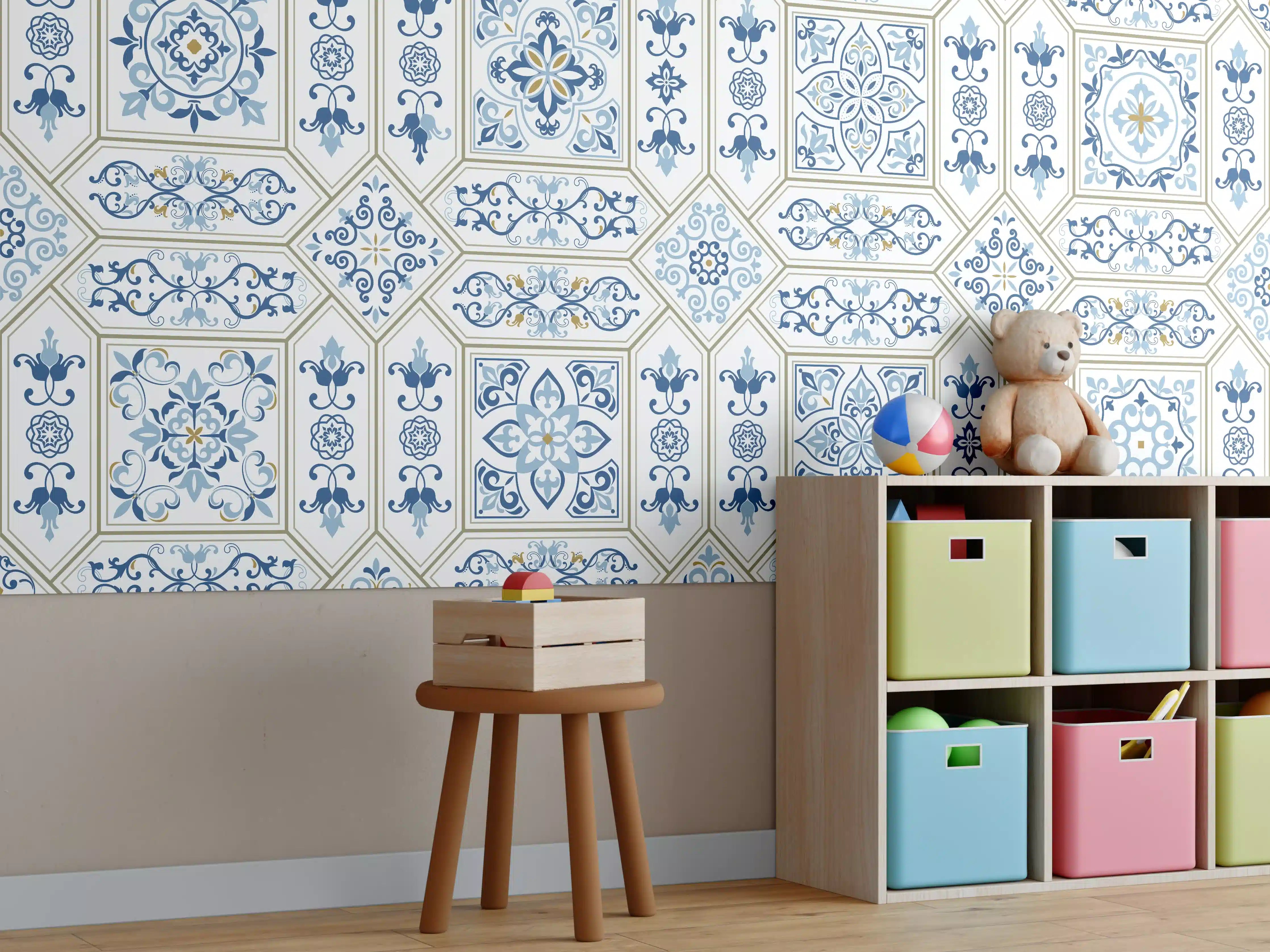 Kinderzimmer Wandgestaltung - Blau-Weißes Fliesenmuster