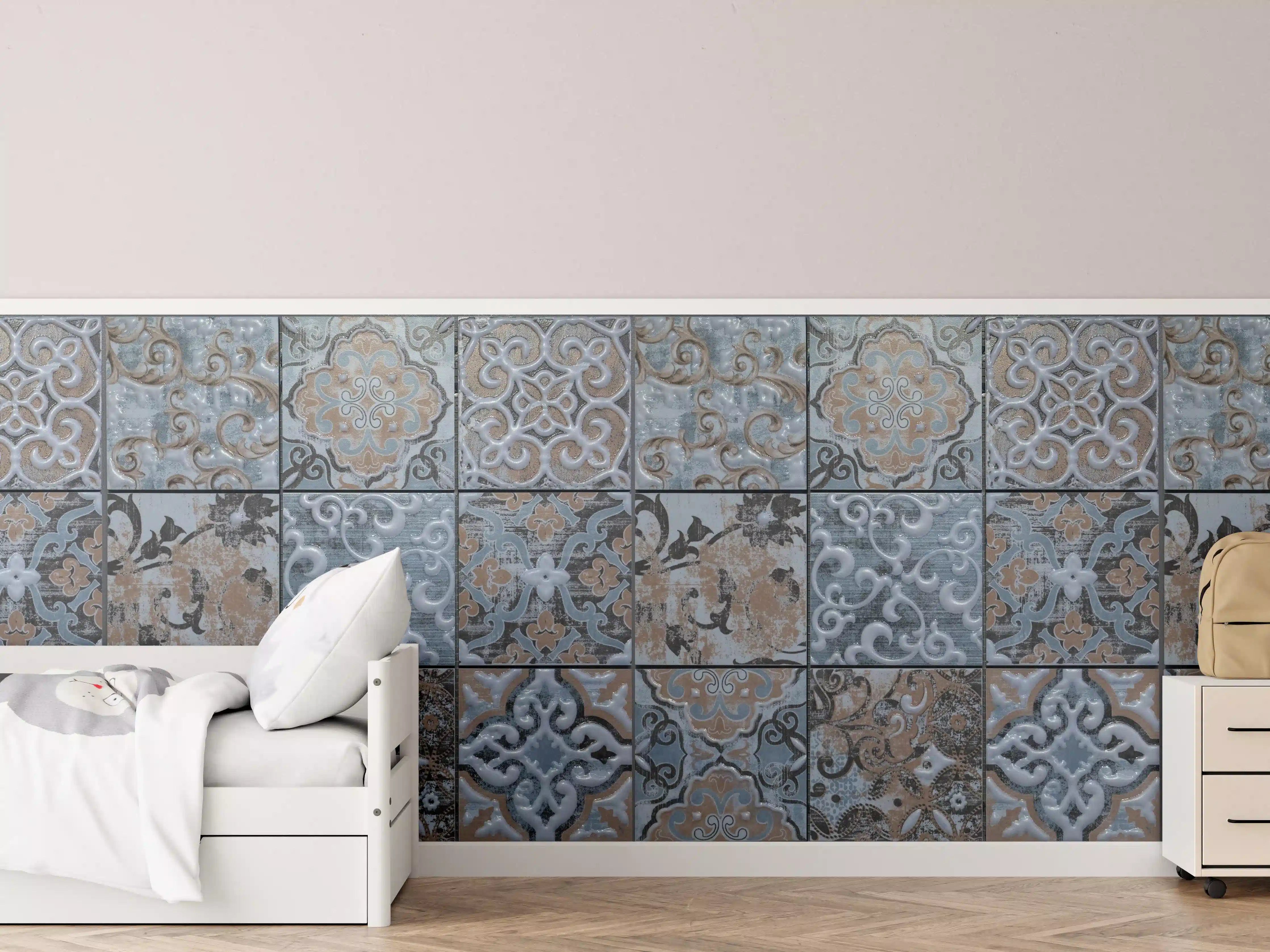 Kinderzimmer Wandgestaltung - Blau geometrische Mosaik Fliesen