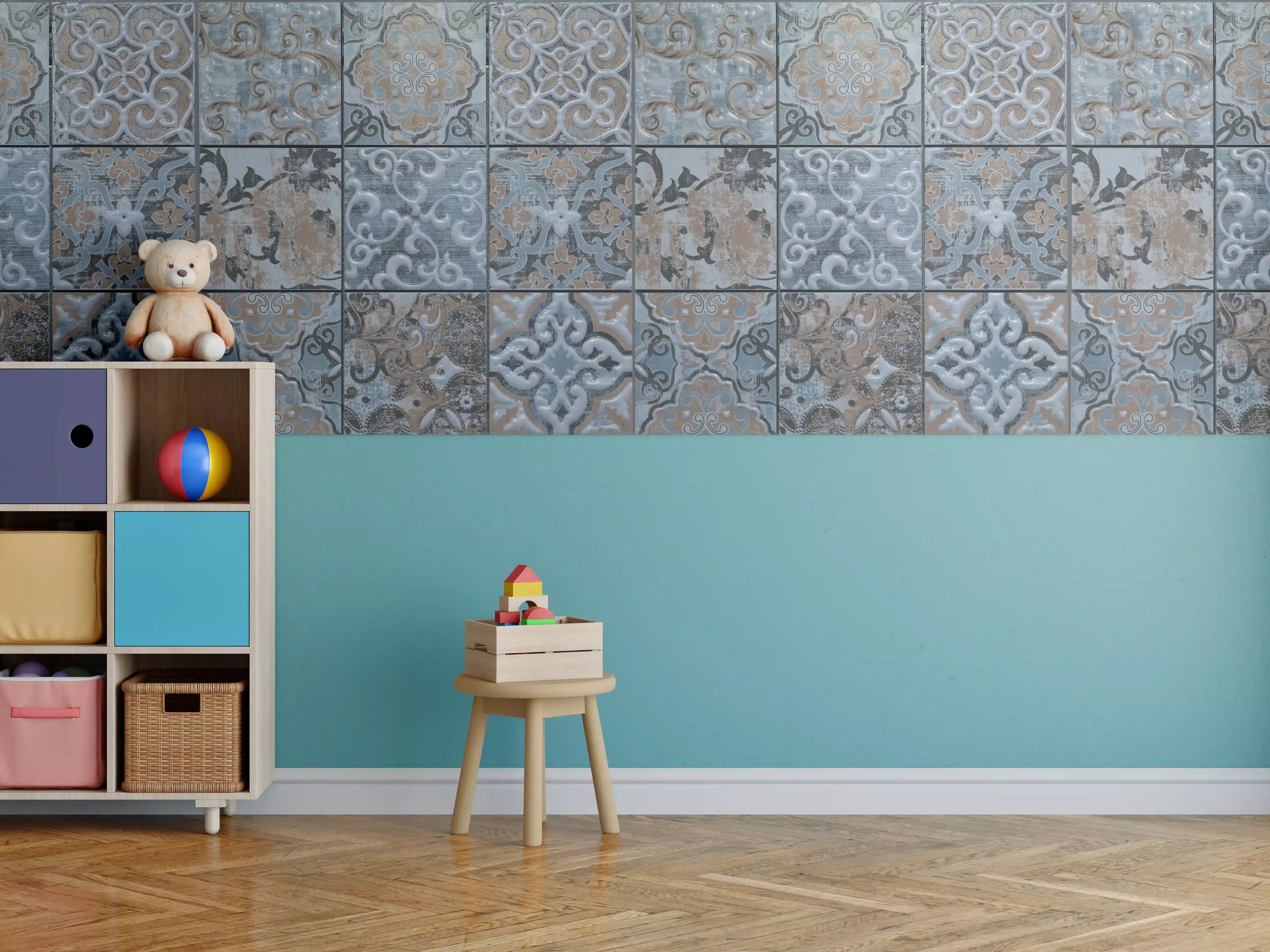 Kinderzimmer Wandgestaltung - Blau geometrische Mosaik Fliesen