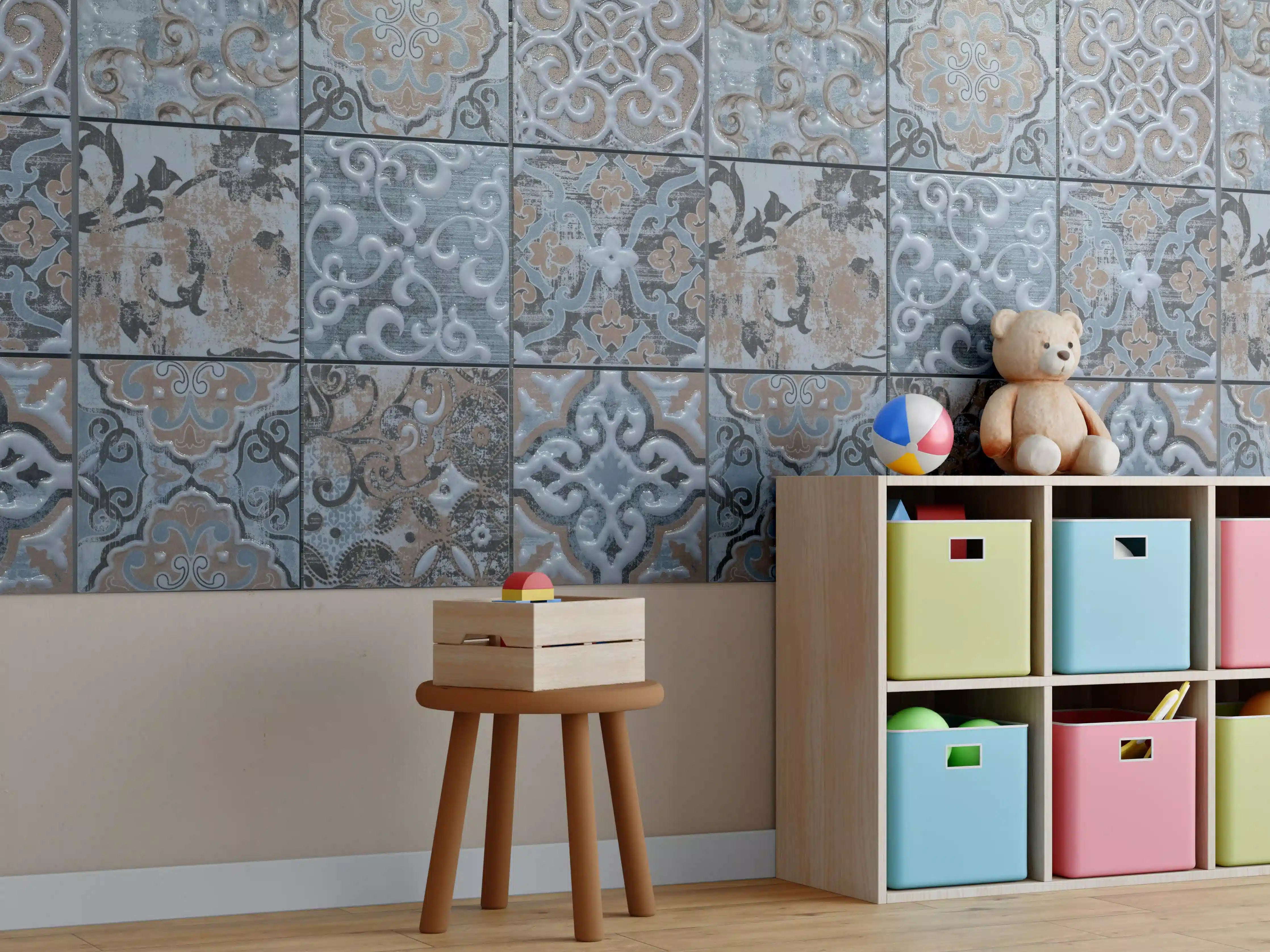 Kinderzimmer Wandgestaltung - Blau geometrische Mosaik Fliesen