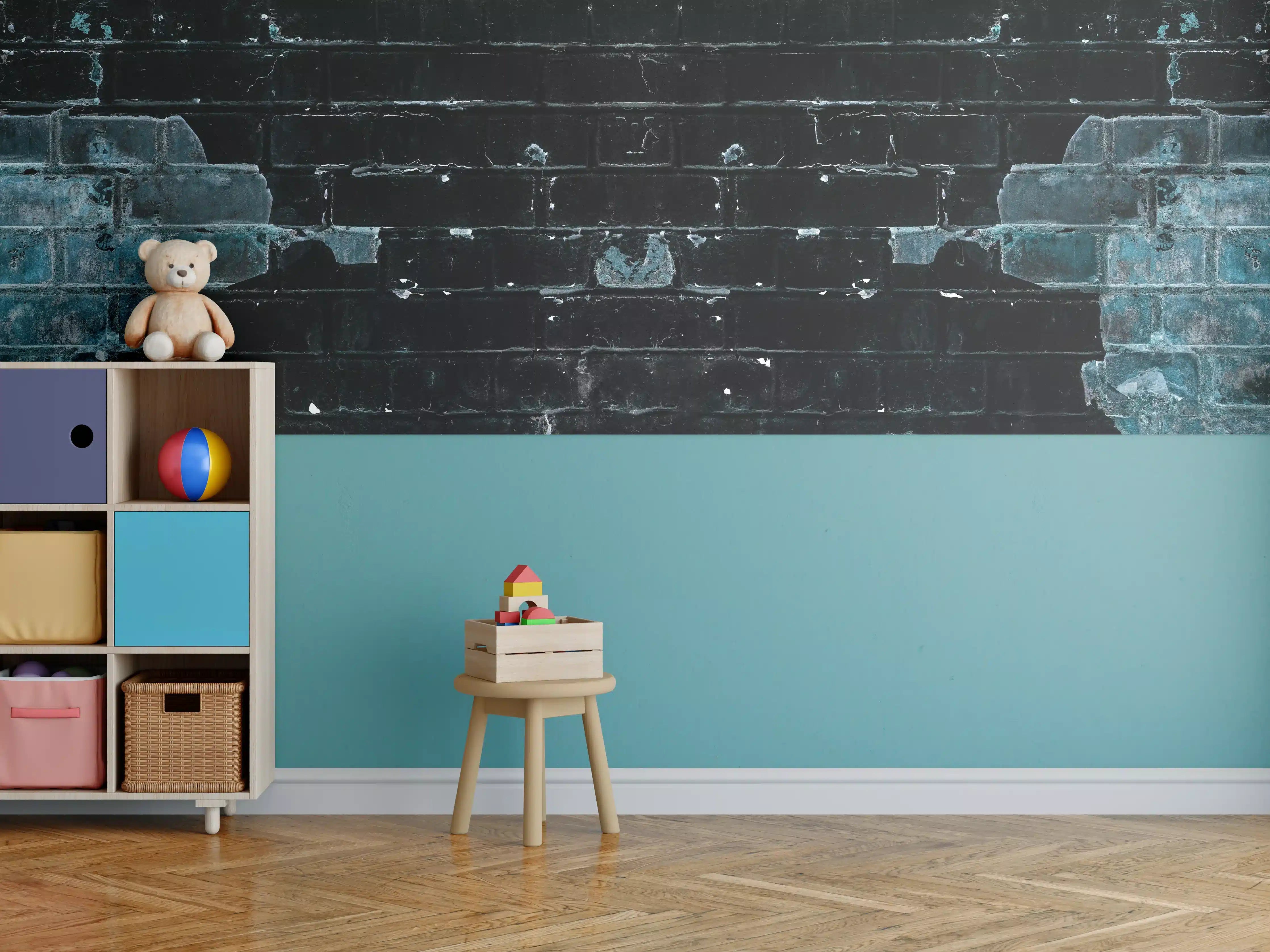 Kinderzimmer Wandgestaltung - Blau schwarz beschädigte Ziegelwand