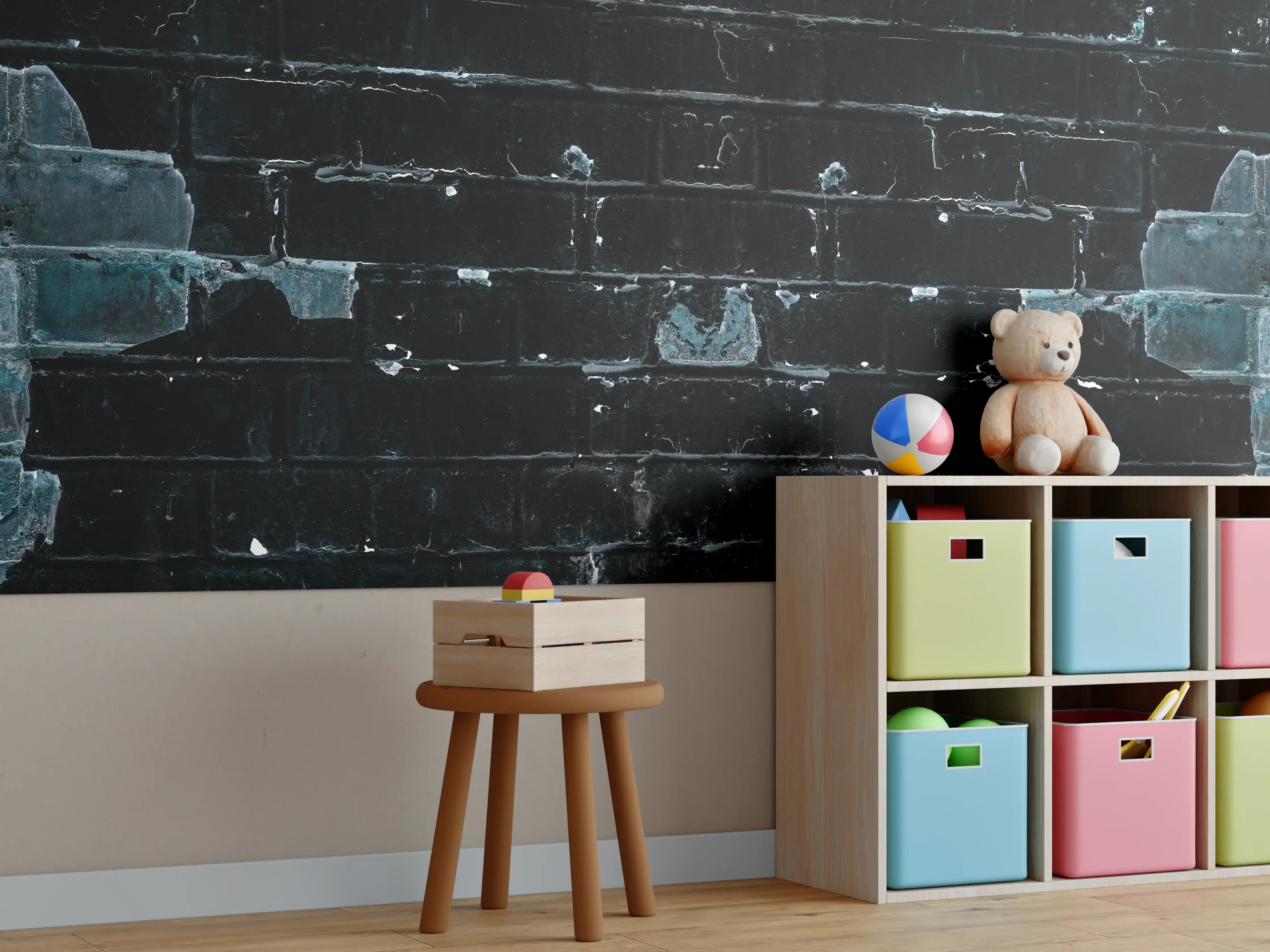 Kinderzimmer Wandgestaltung - Blau schwarz beschädigte Ziegelwand