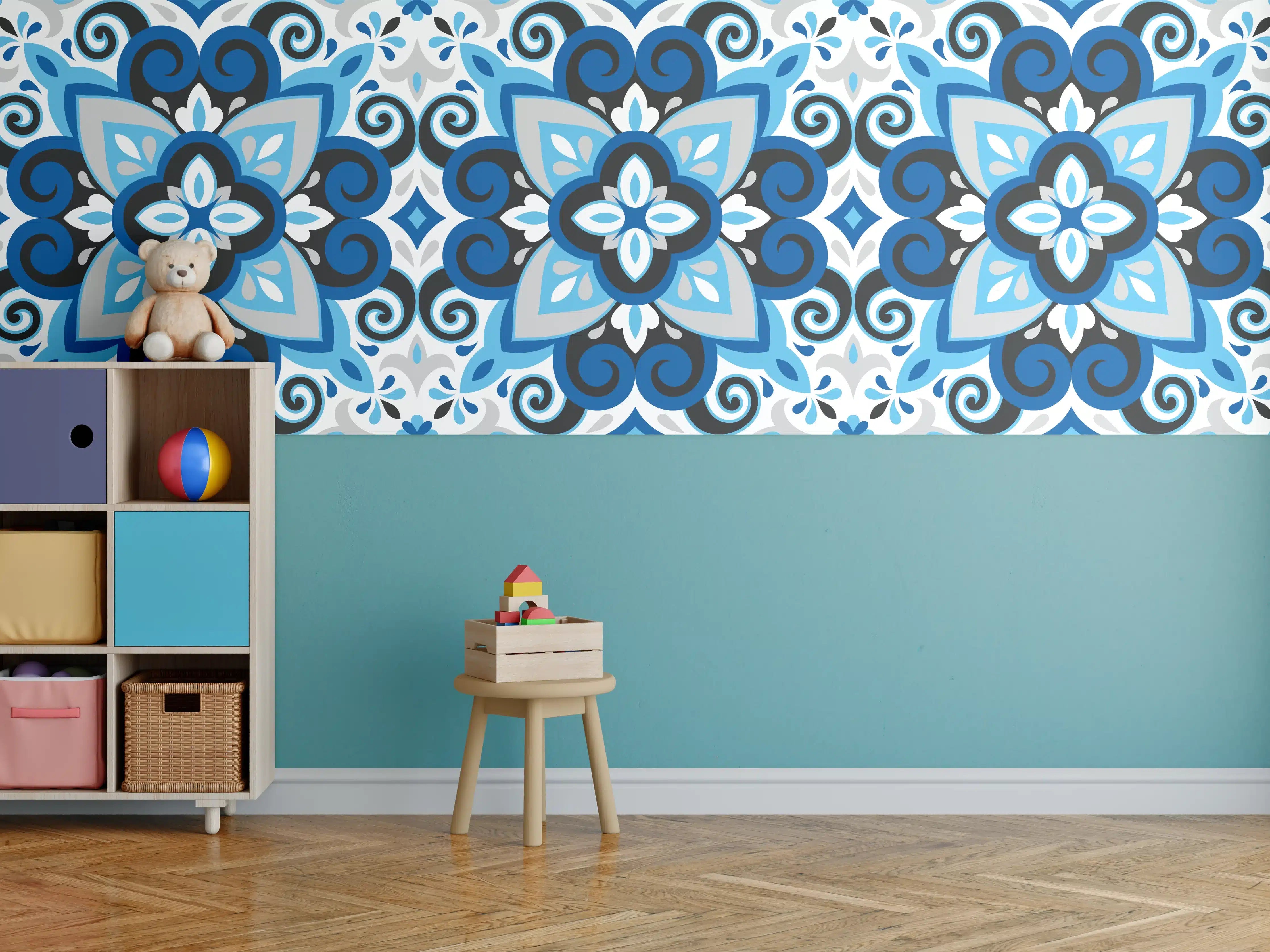 Kinderzimmer Wandgestaltung - Blau-weißes Musterdesign mit subtilen Grautönen