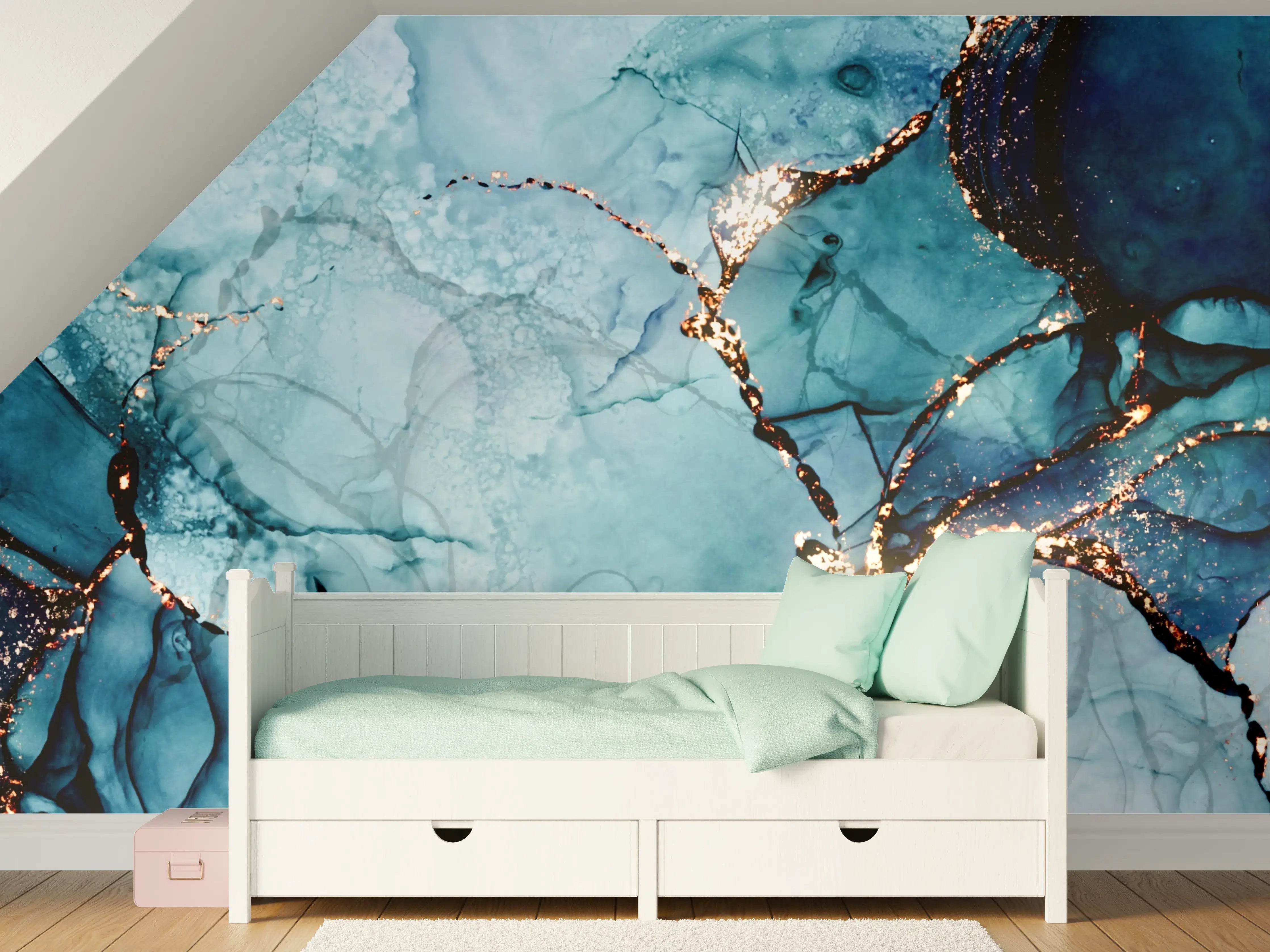 Kinderzimmer Wandgestaltung - Blaue Aquarell-Textur mit Goldakzenten