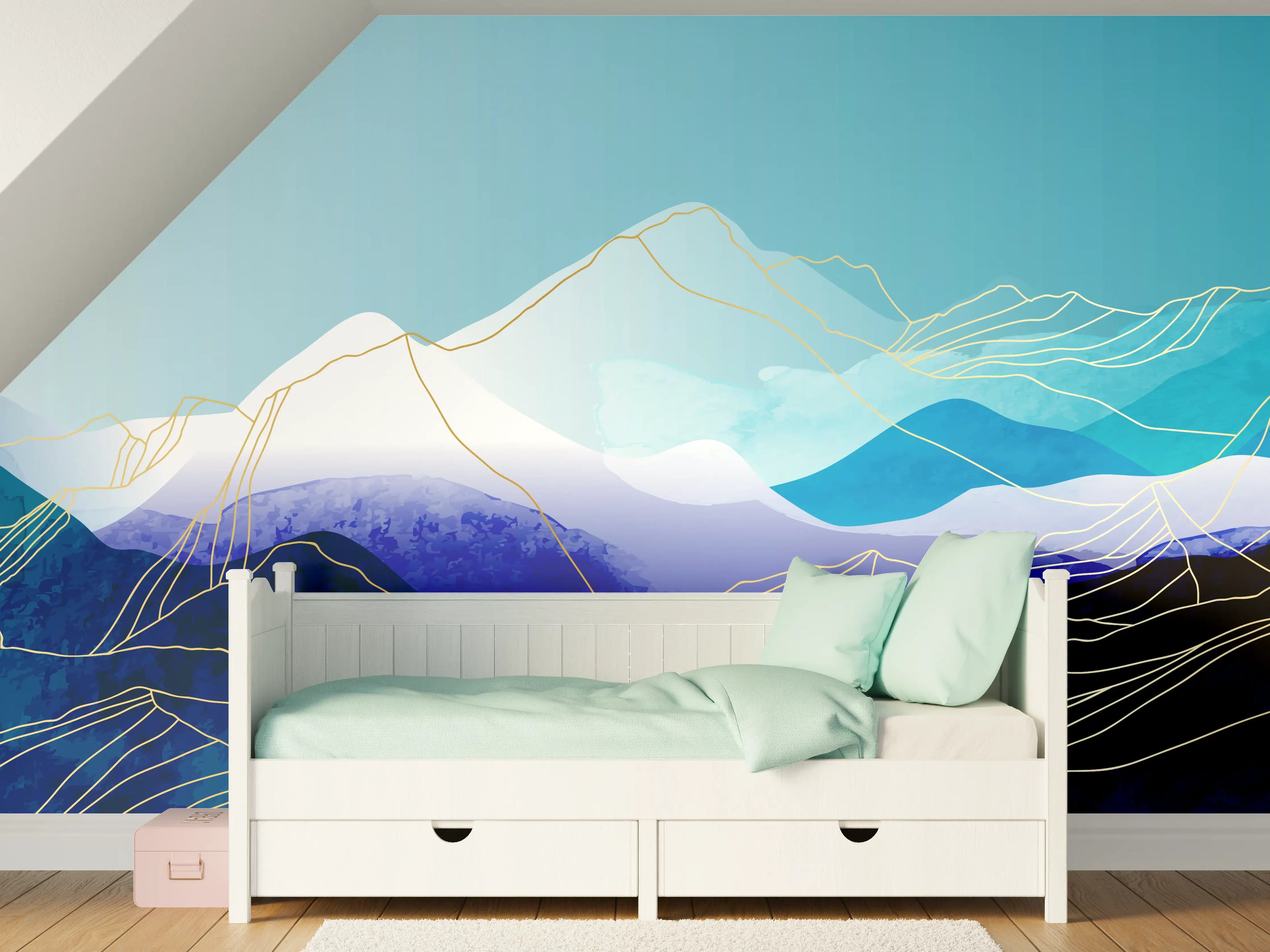 Kinderzimmer Wandgestaltung - Blaue Berge Aquarell Illustration