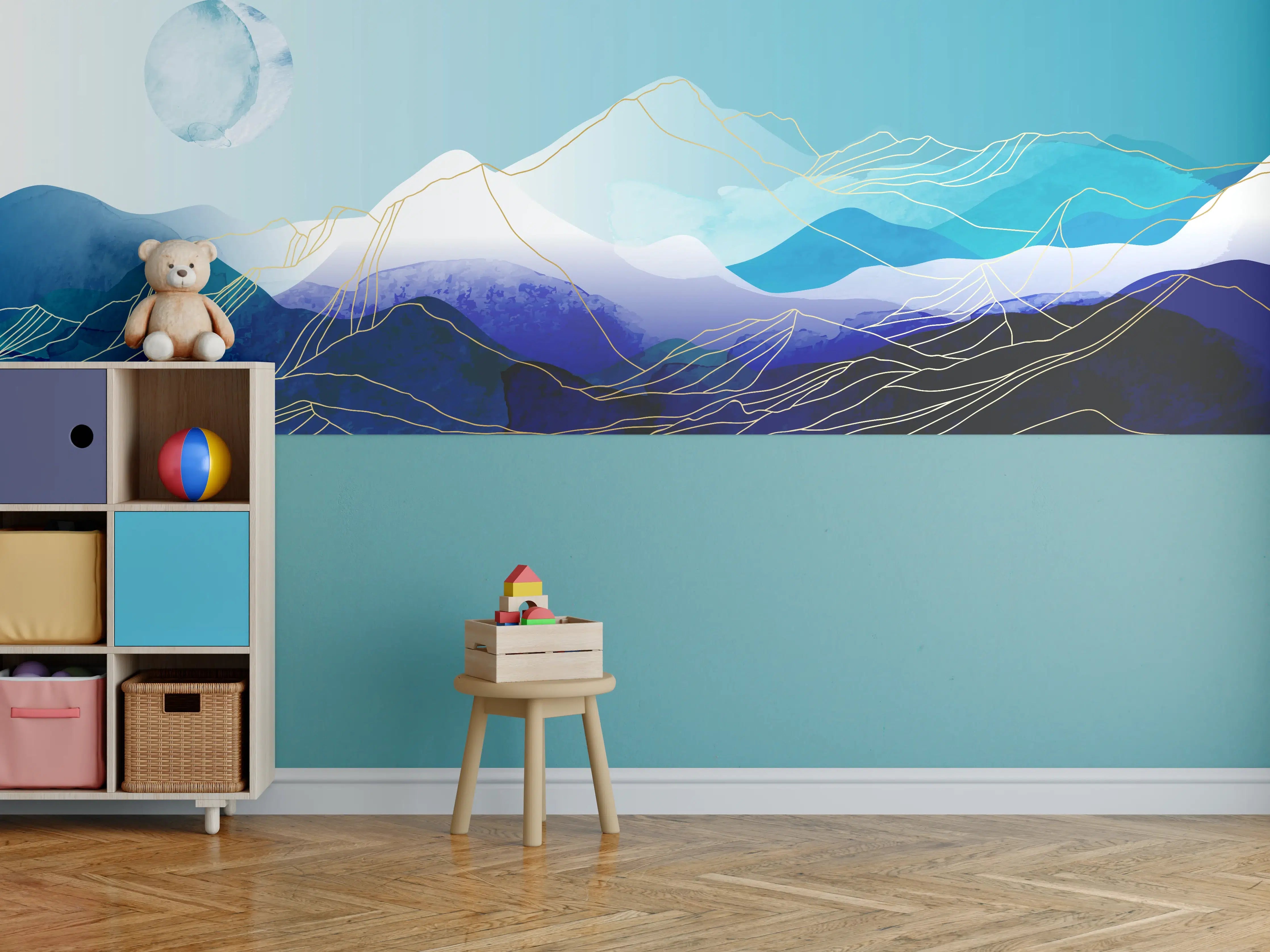Kinderzimmer Wandgestaltung - Blaue Berge Aquarell Illustration