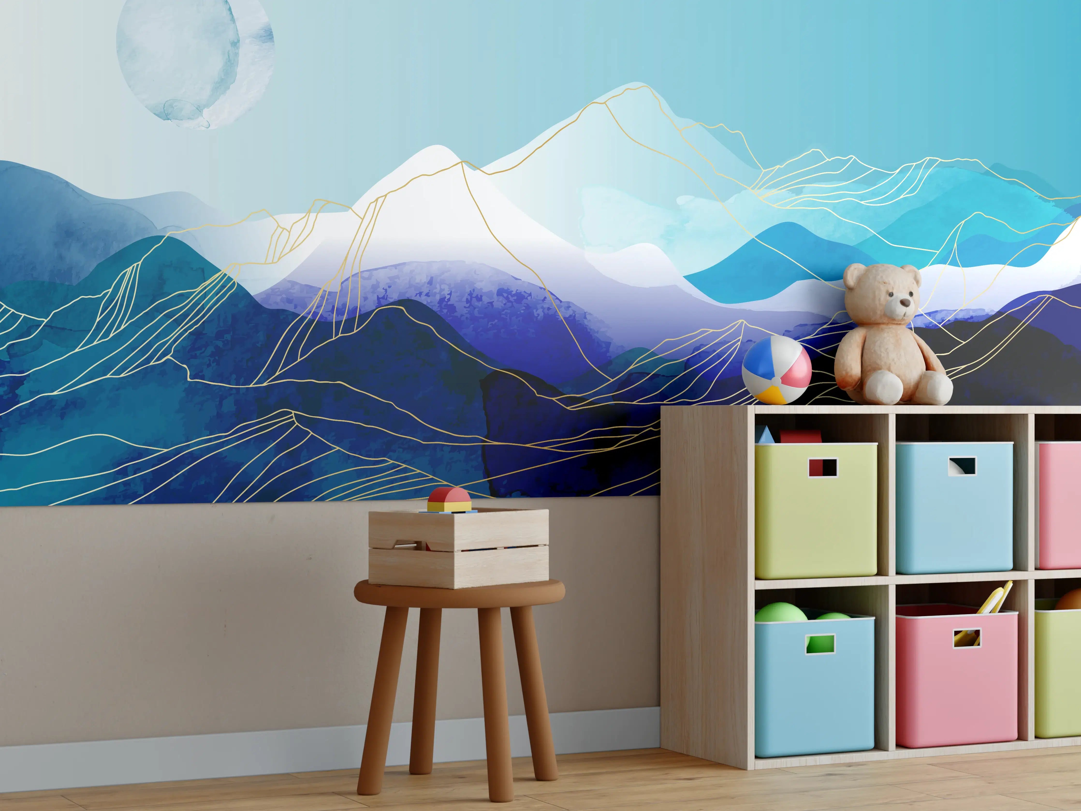 Kinderzimmer Wandgestaltung - Blaue Berge Aquarell Illustration