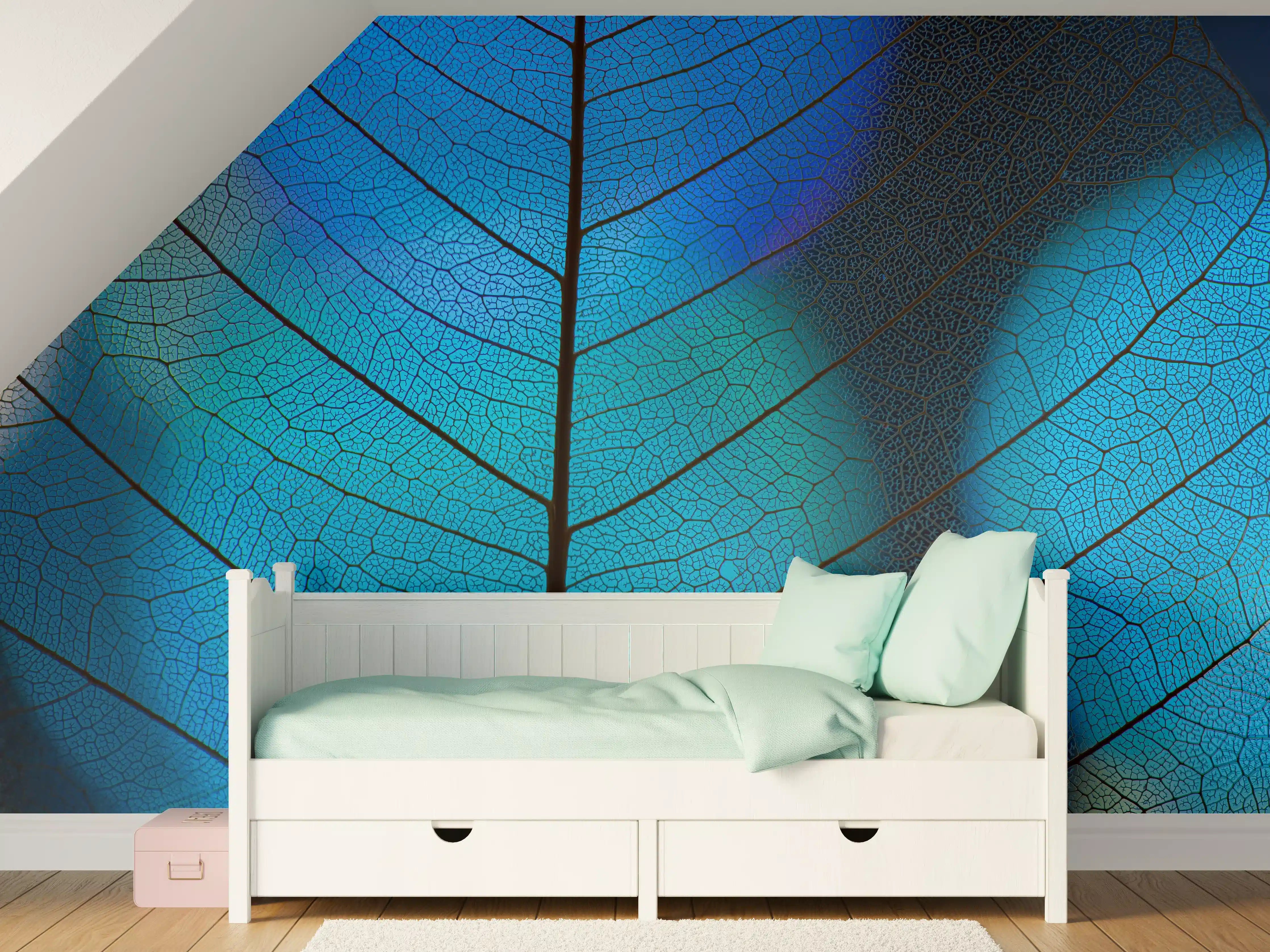 Kinderzimmer Wandgestaltung - Blaue Blattstruktur mit feinen Adern
