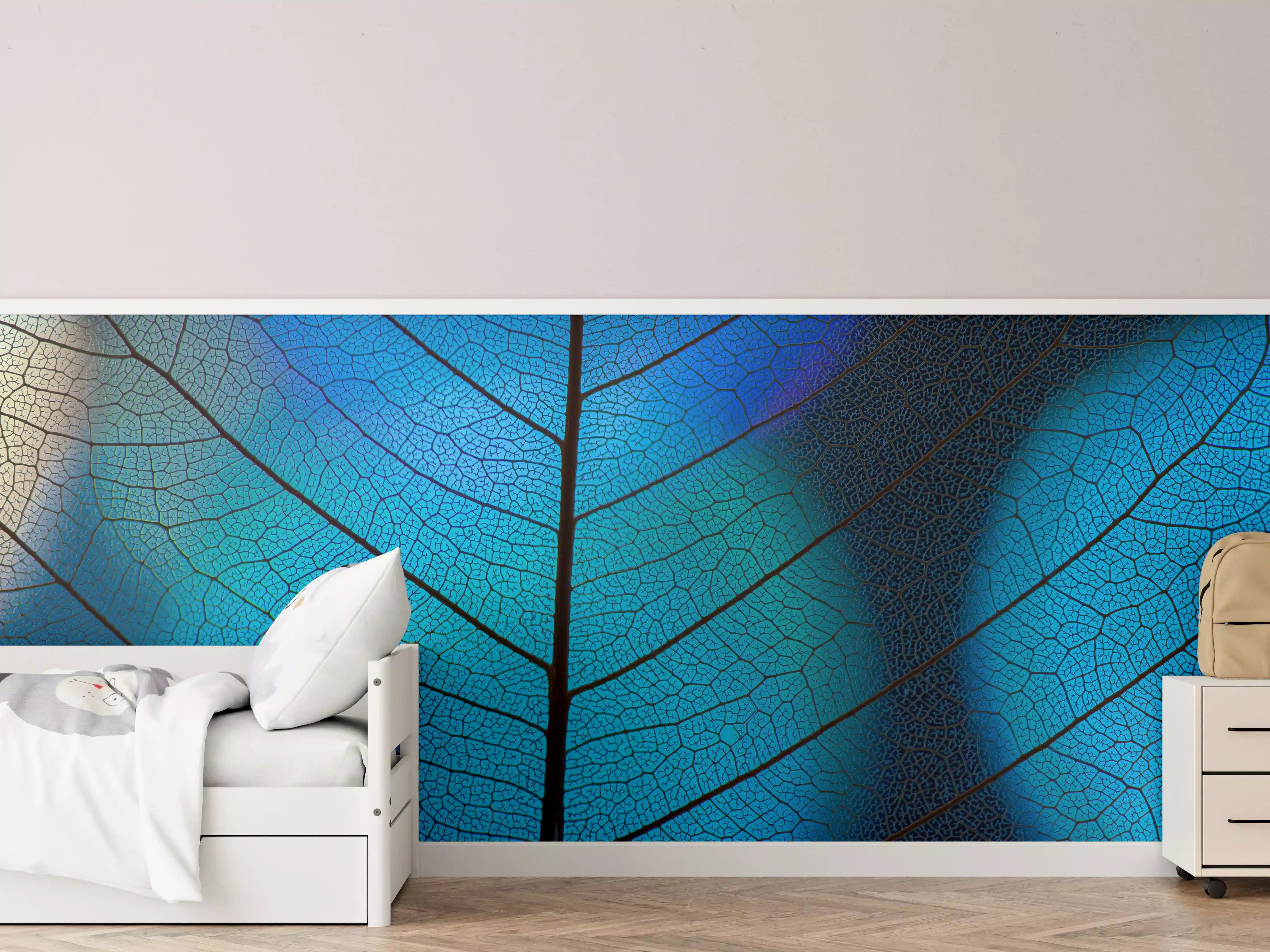 Kinderzimmer Wandgestaltung - Blaue Blattstruktur mit feinen Adern