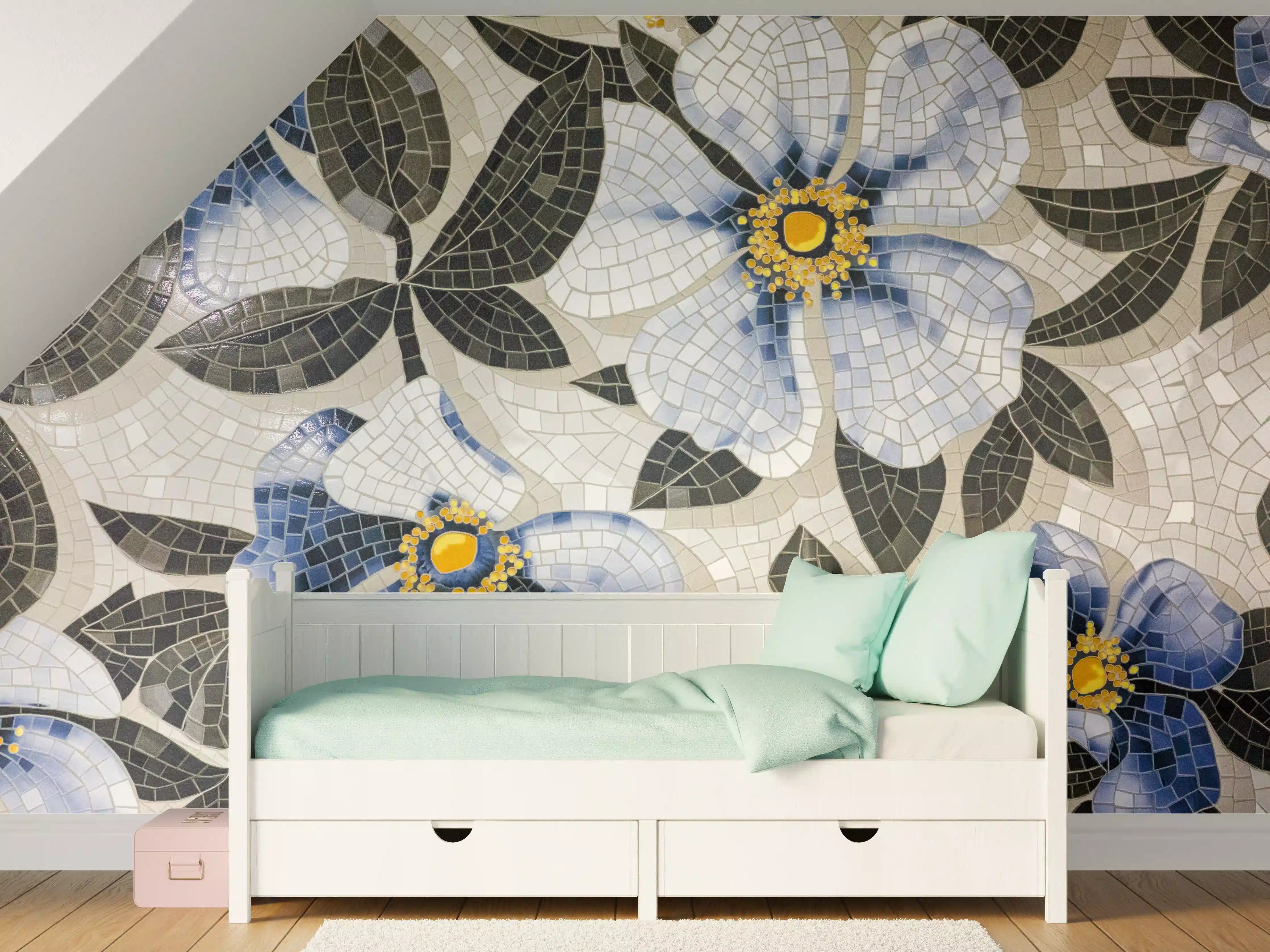 Kinderzimmer Wandgestaltung - Blaue Blumen Mosaikfliesen
