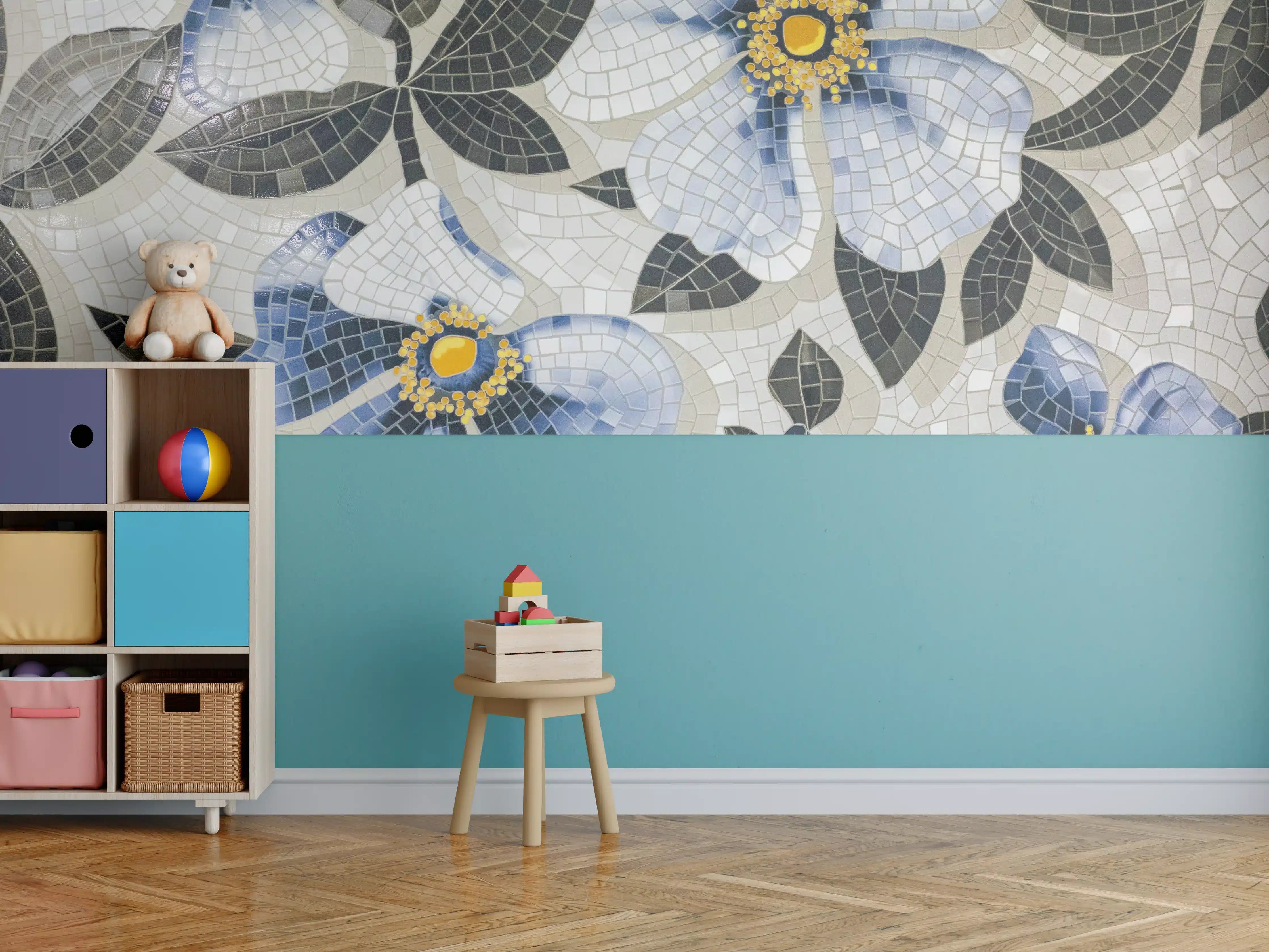 Kinderzimmer Wandgestaltung - Blaue Blumen Mosaikfliesen