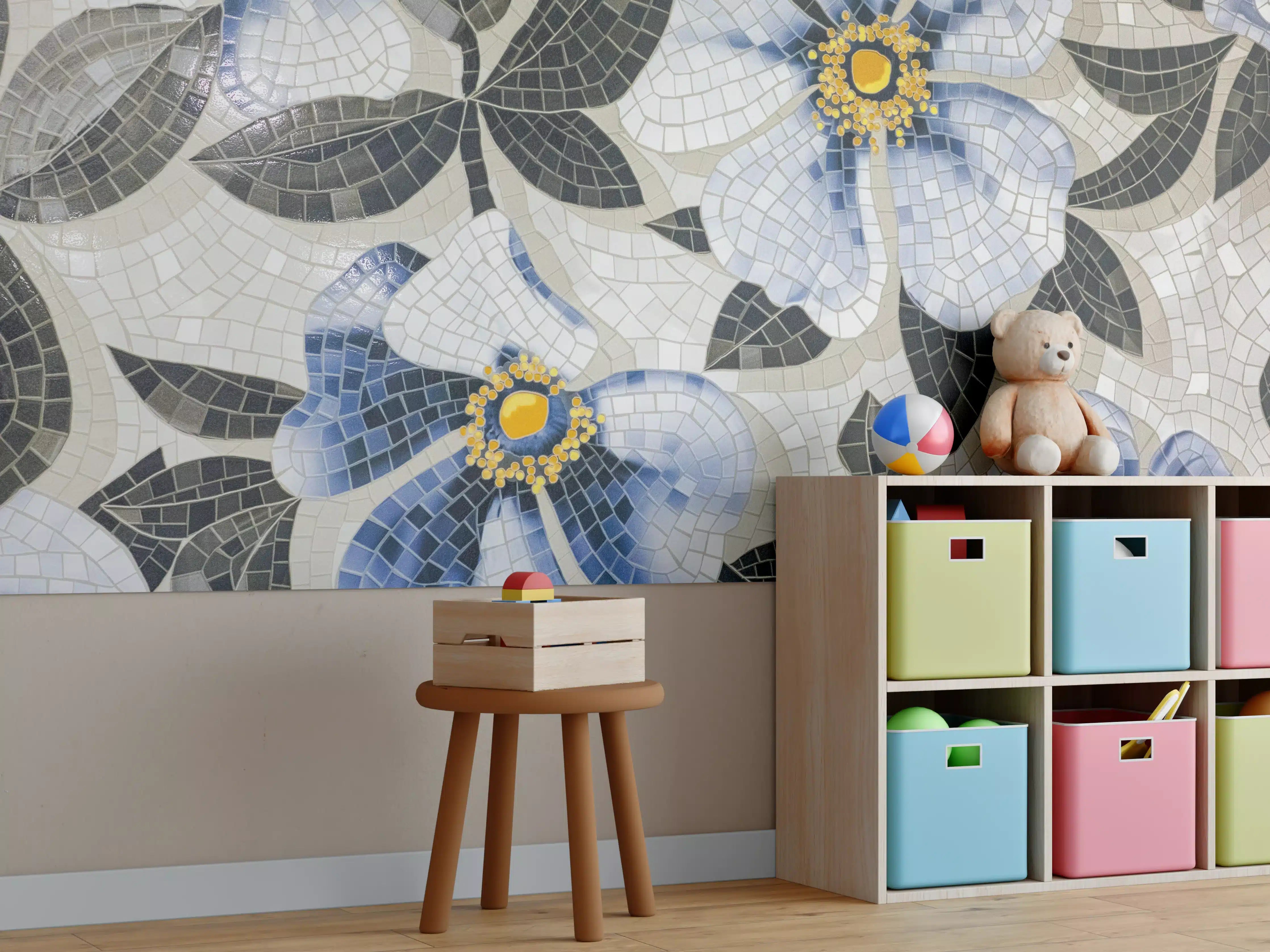 Kinderzimmer Wandgestaltung - Blaue Blumen Mosaikfliesen