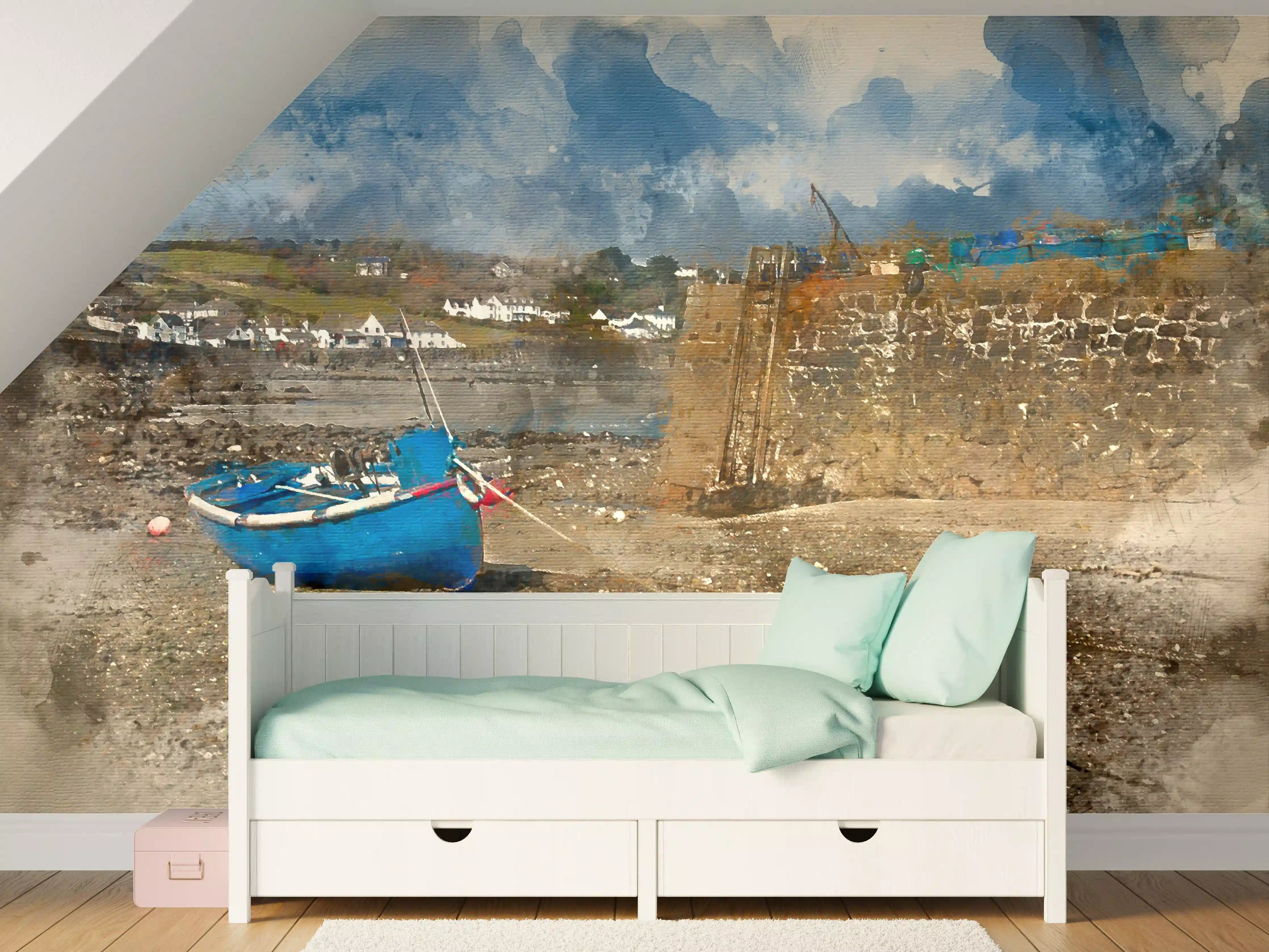 Kinderzimmer Wandgestaltung - Blaue Fisherboot am Hafen bei Ebbe