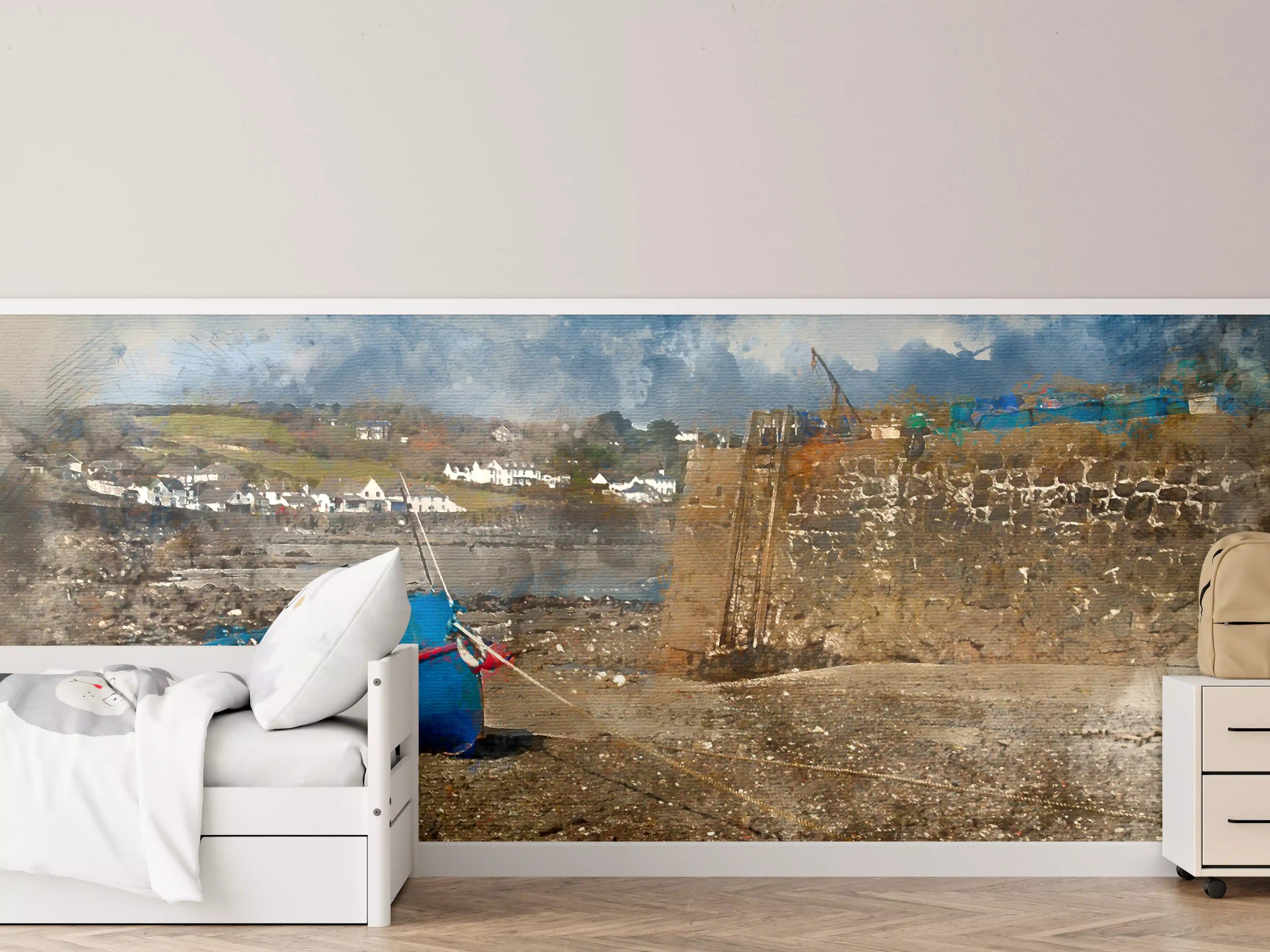 Kinderzimmer Wandgestaltung - Blaue Fisherboot am Hafen bei Ebbe