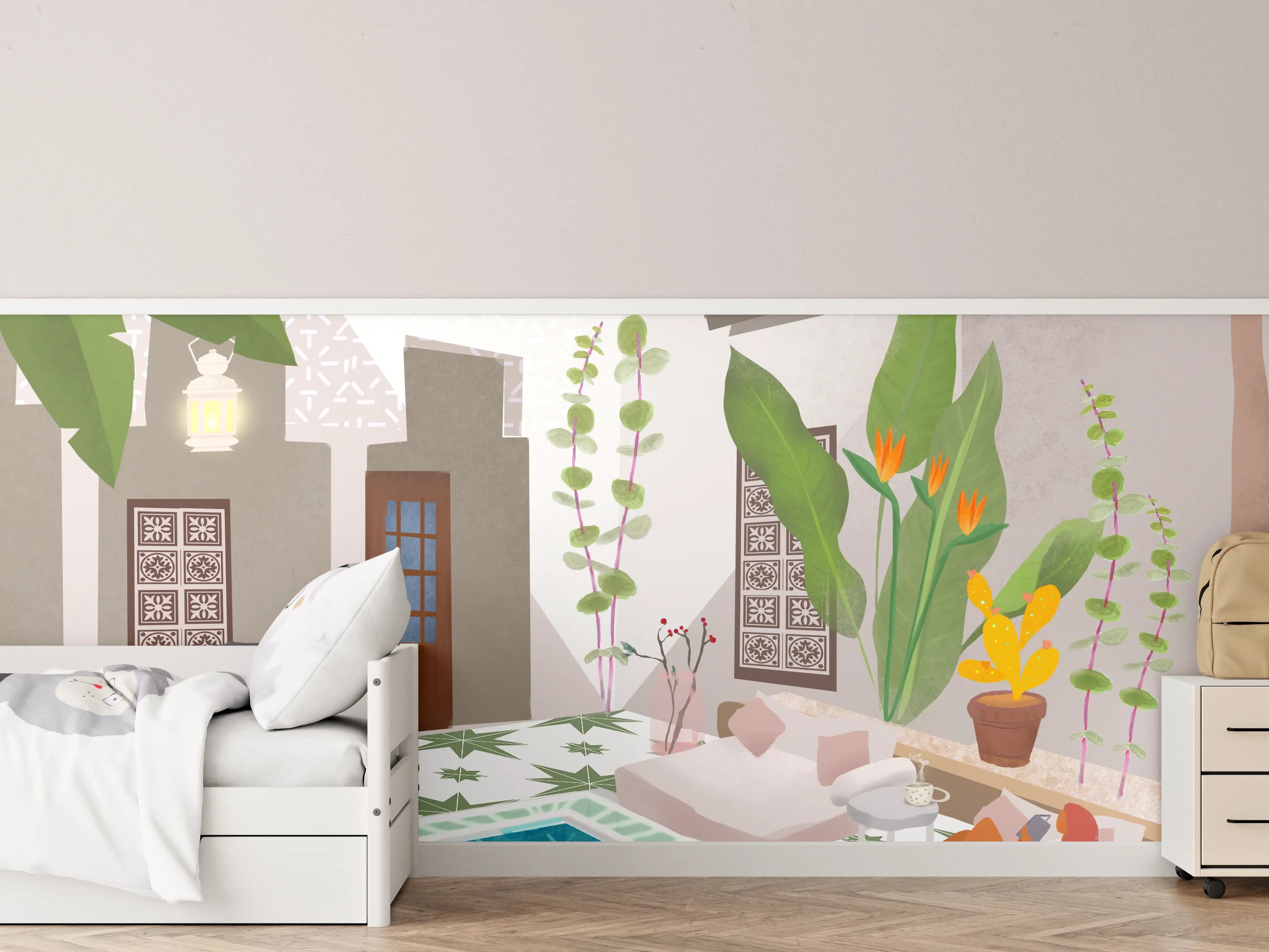 Kinderzimmer Wandgestaltung - Blaue Poollandschaft mit tropischen Pflanzen