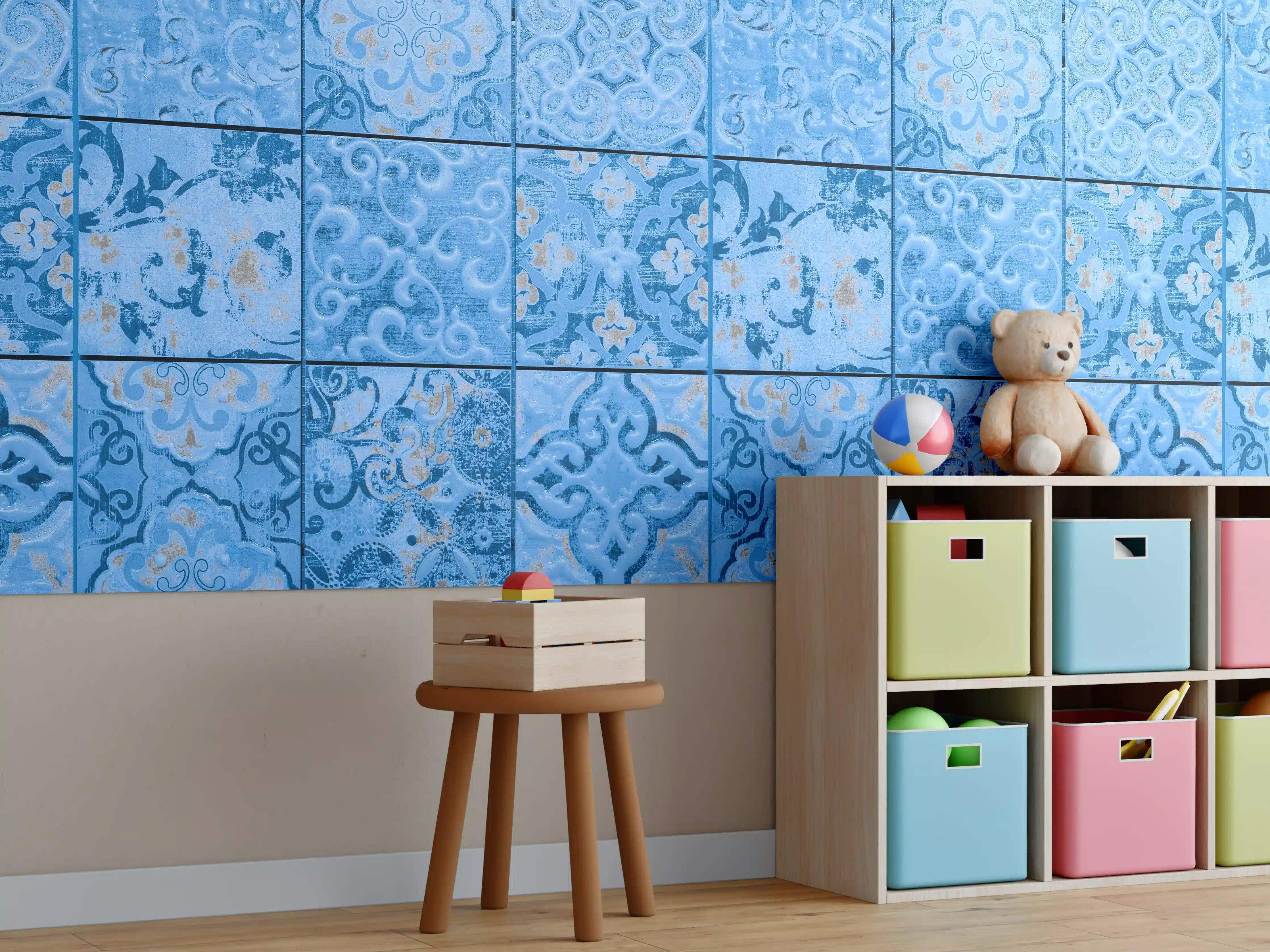 Kinderzimmer Wandgestaltung - Blaue rechteckige Vintage Zementfliesen