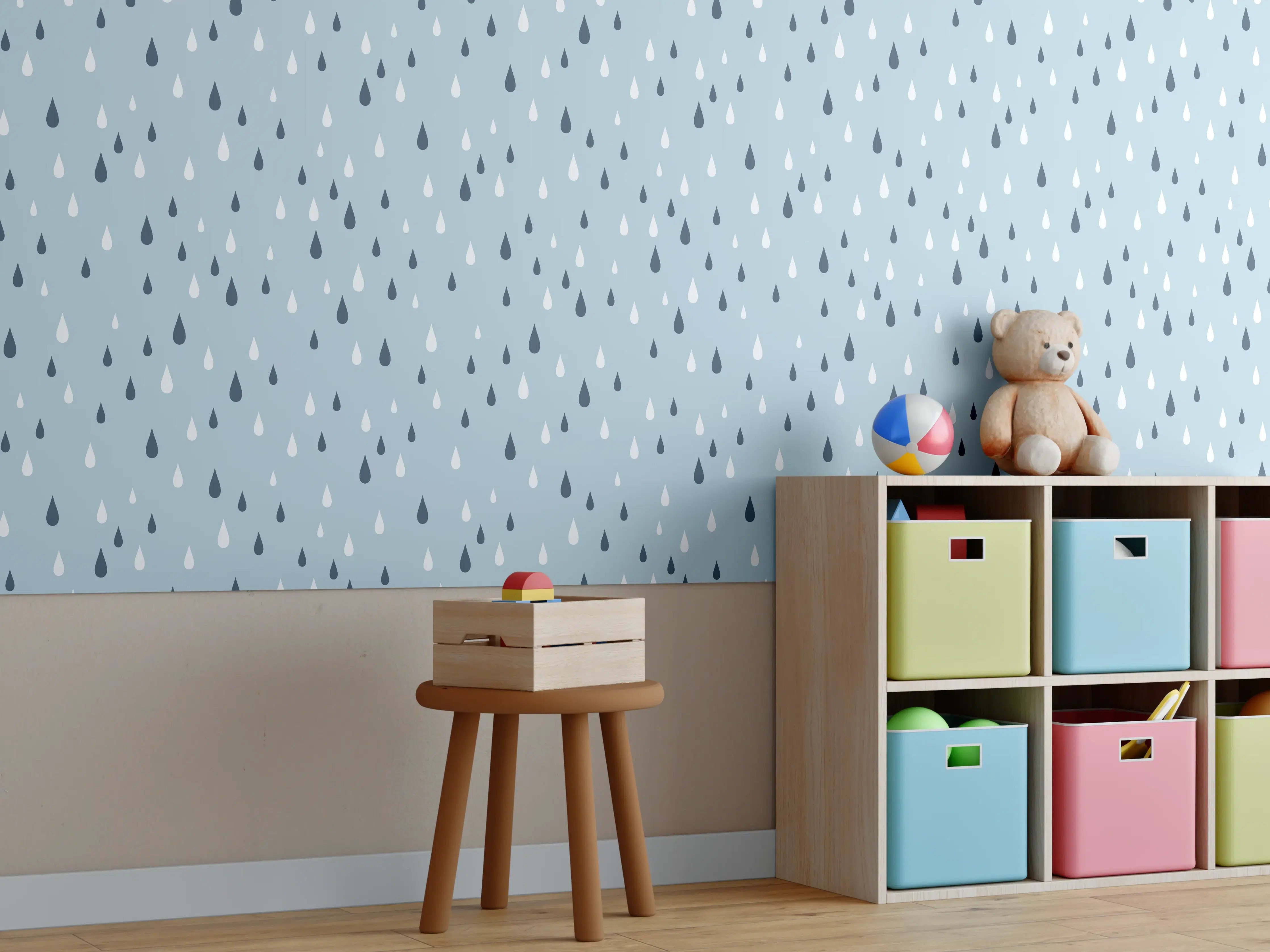 Kinderzimmer Wandgestaltung - Blauer Himmel mit Regentropfen-Muster