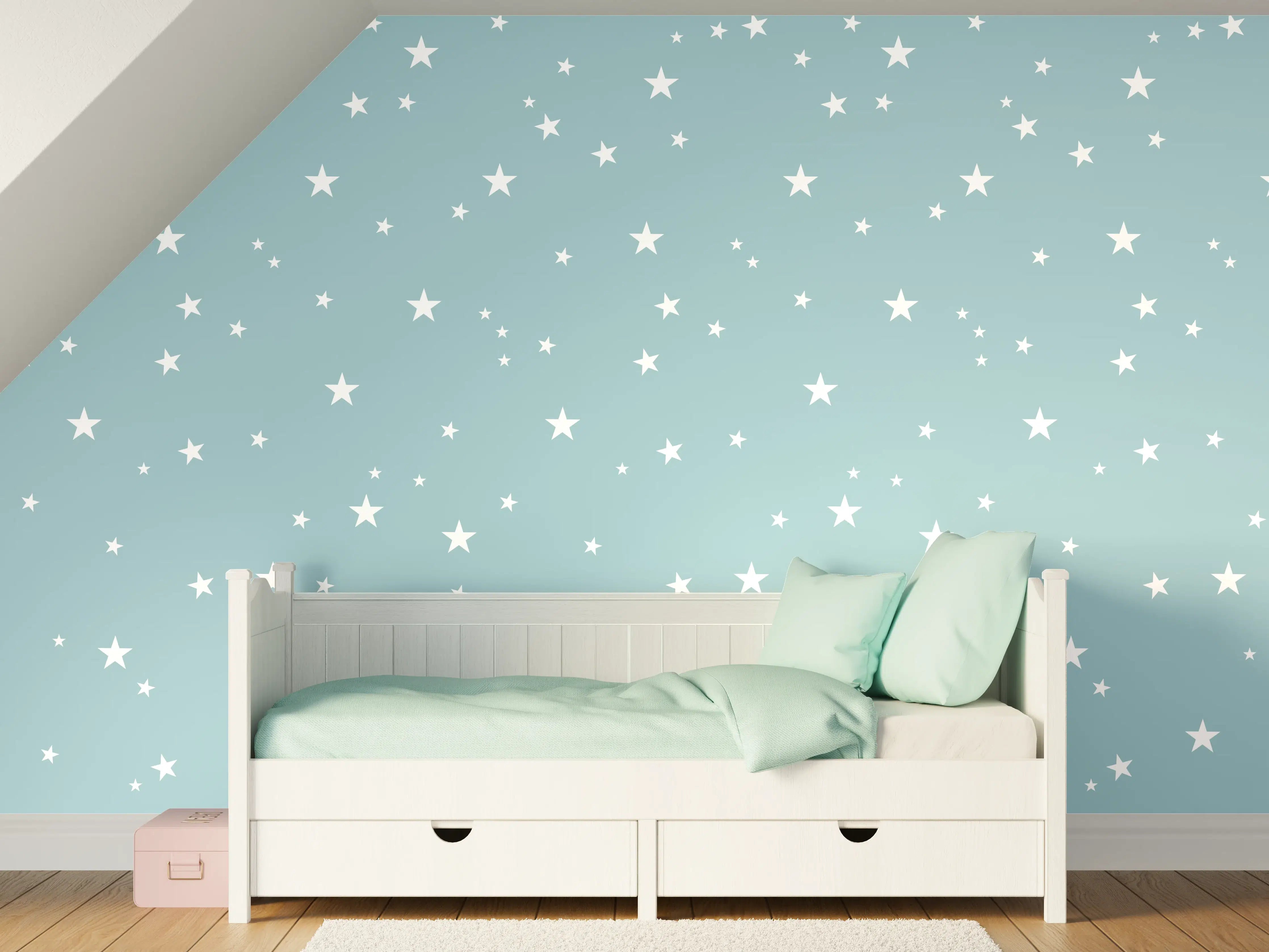Kinderzimmer Wandgestaltung - Blauer Himmel mit weißen Sternen