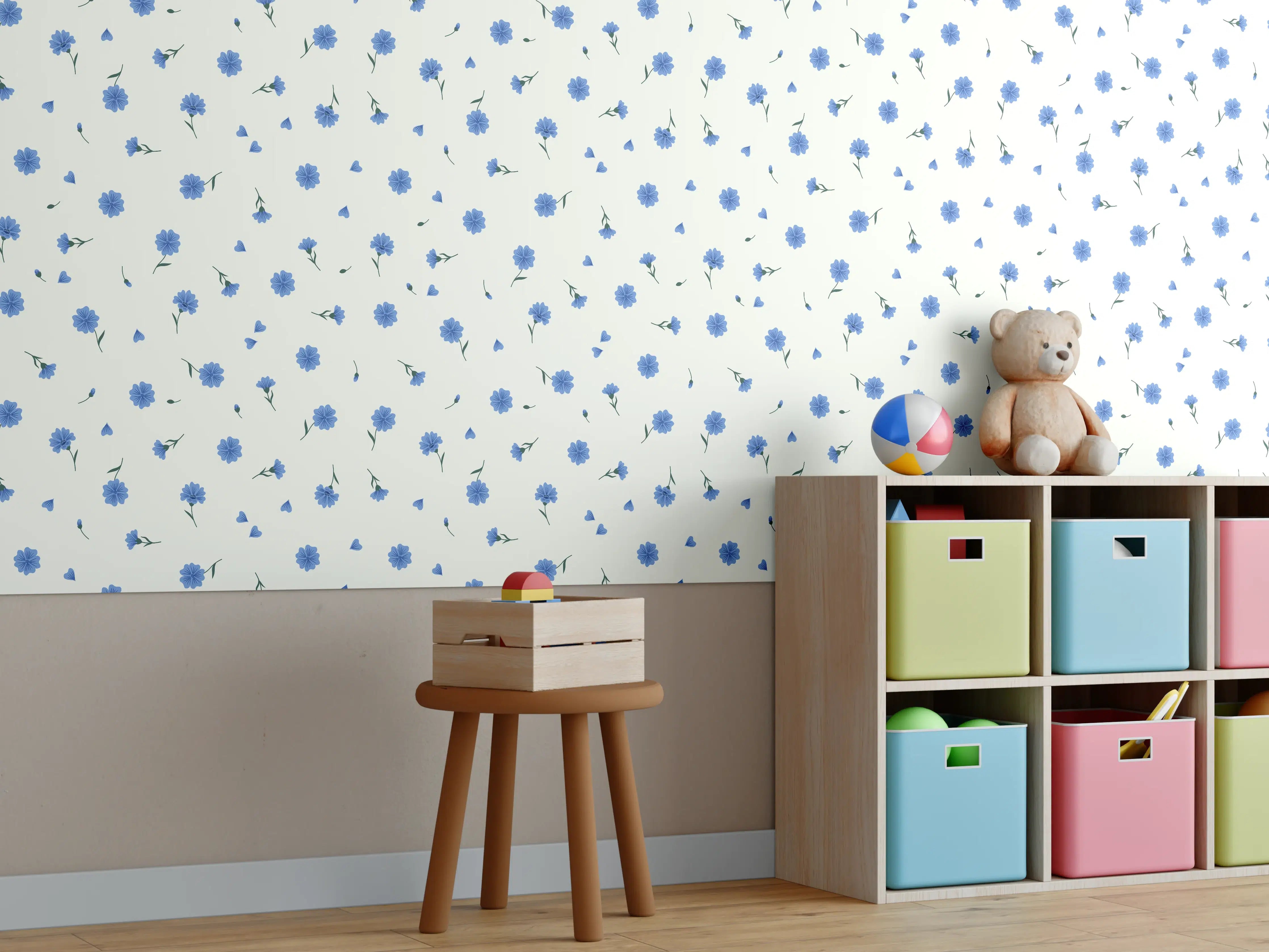 Kinderzimmer Wandgestaltung - Blauer Punktmuster auf hellem Hintergrund