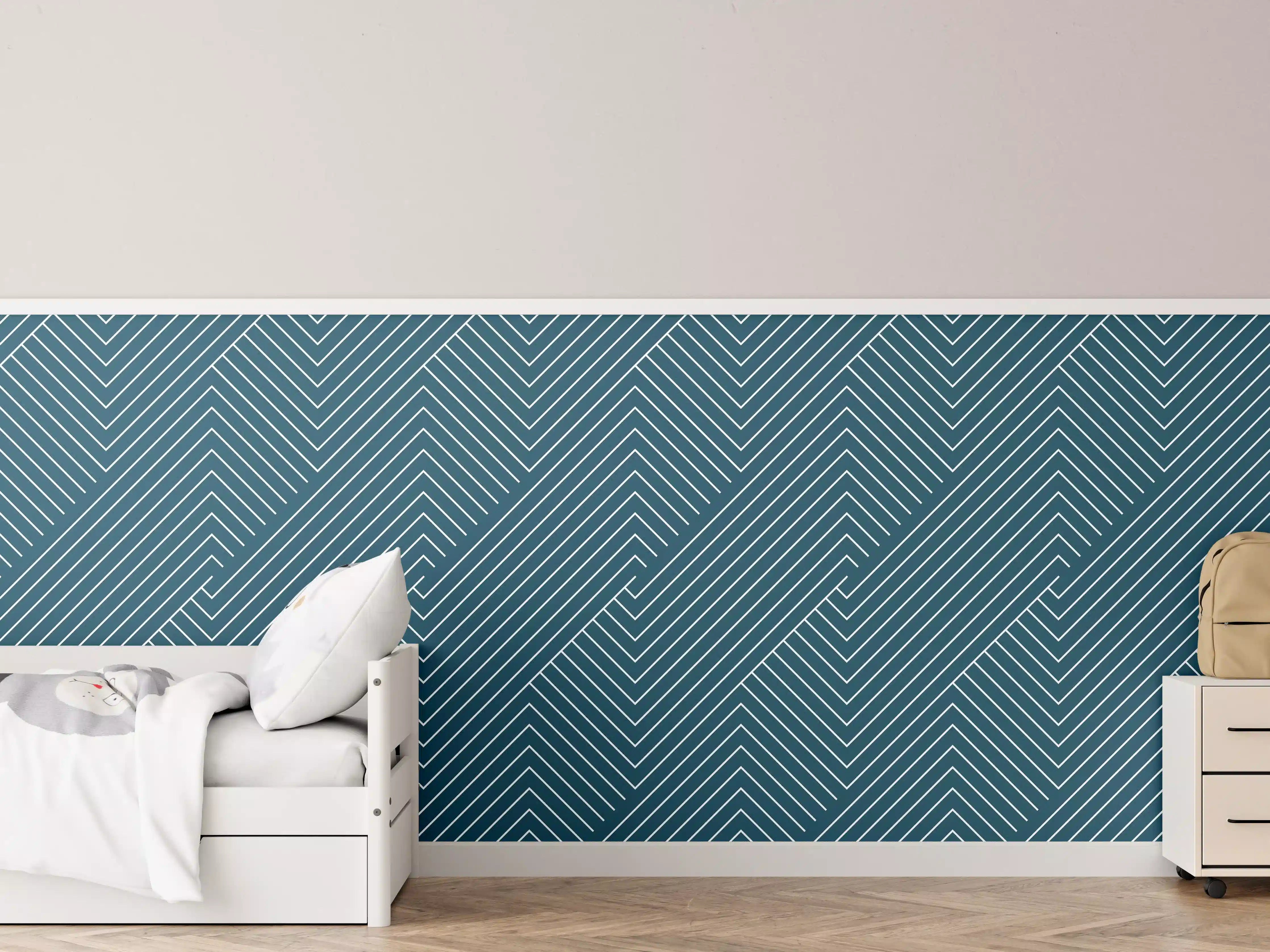 Kinderzimmer Wandgestaltung - Blauer geometrischer Dekor mit feinen Graunuancen
